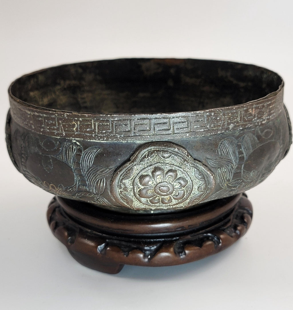 Japanese Edo Bronze Archaic Bowl, Riveted Cartouches, c.1700-1750