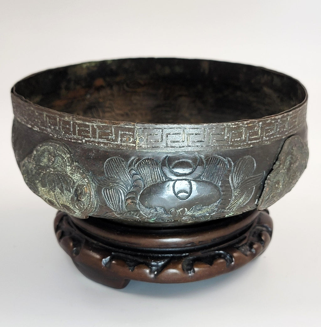 Japanese Edo Bronze Archaic Bowl, Riveted Cartouches, c.1700-1750