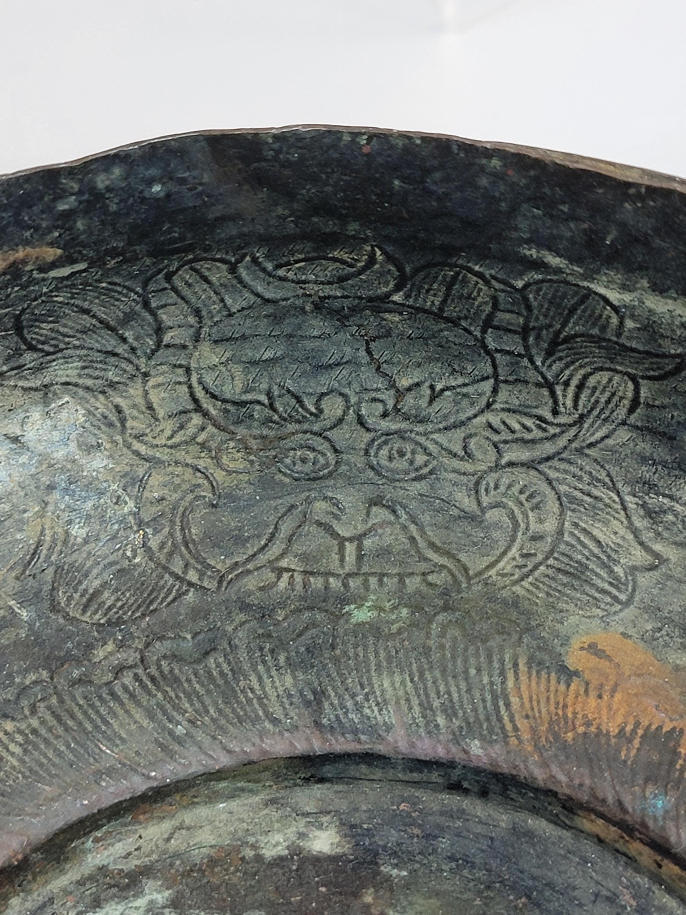 Japanese Edo Bronze Archaic Bowl, Riveted Cartouches, c.1700-1750