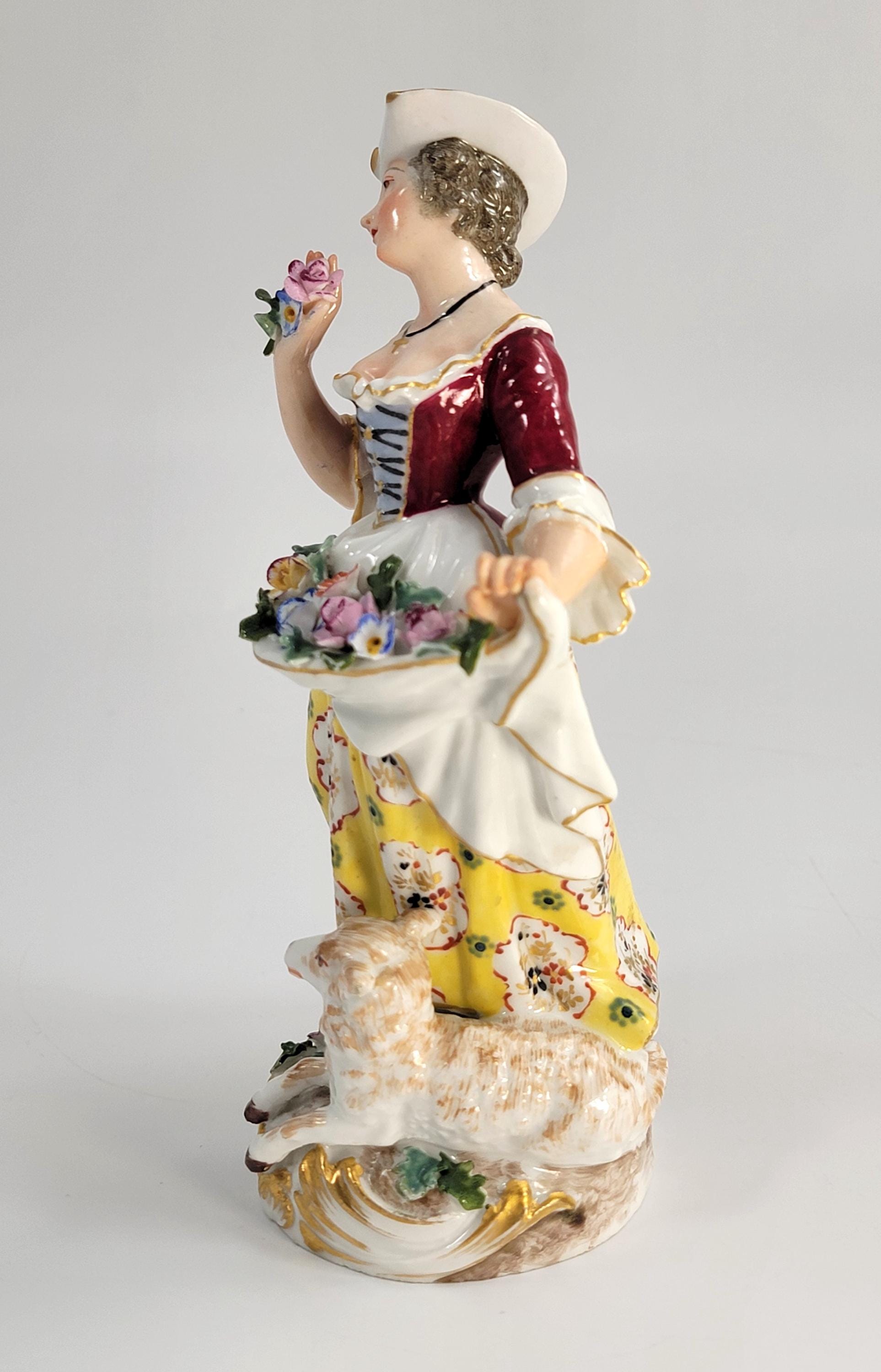 Antique German Porcelain Shepherdess, Chelsea Derby Style, c.1890, Blue Anchor Mark