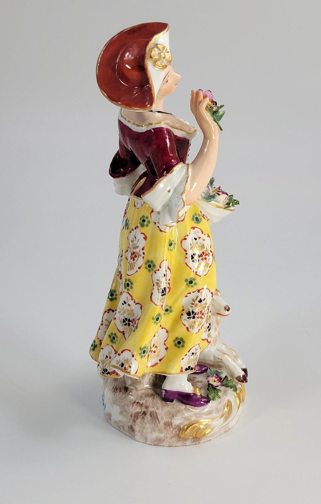 Antique German Porcelain Shepherdess, Chelsea Derby Style, c.1890, Blue Anchor Mark