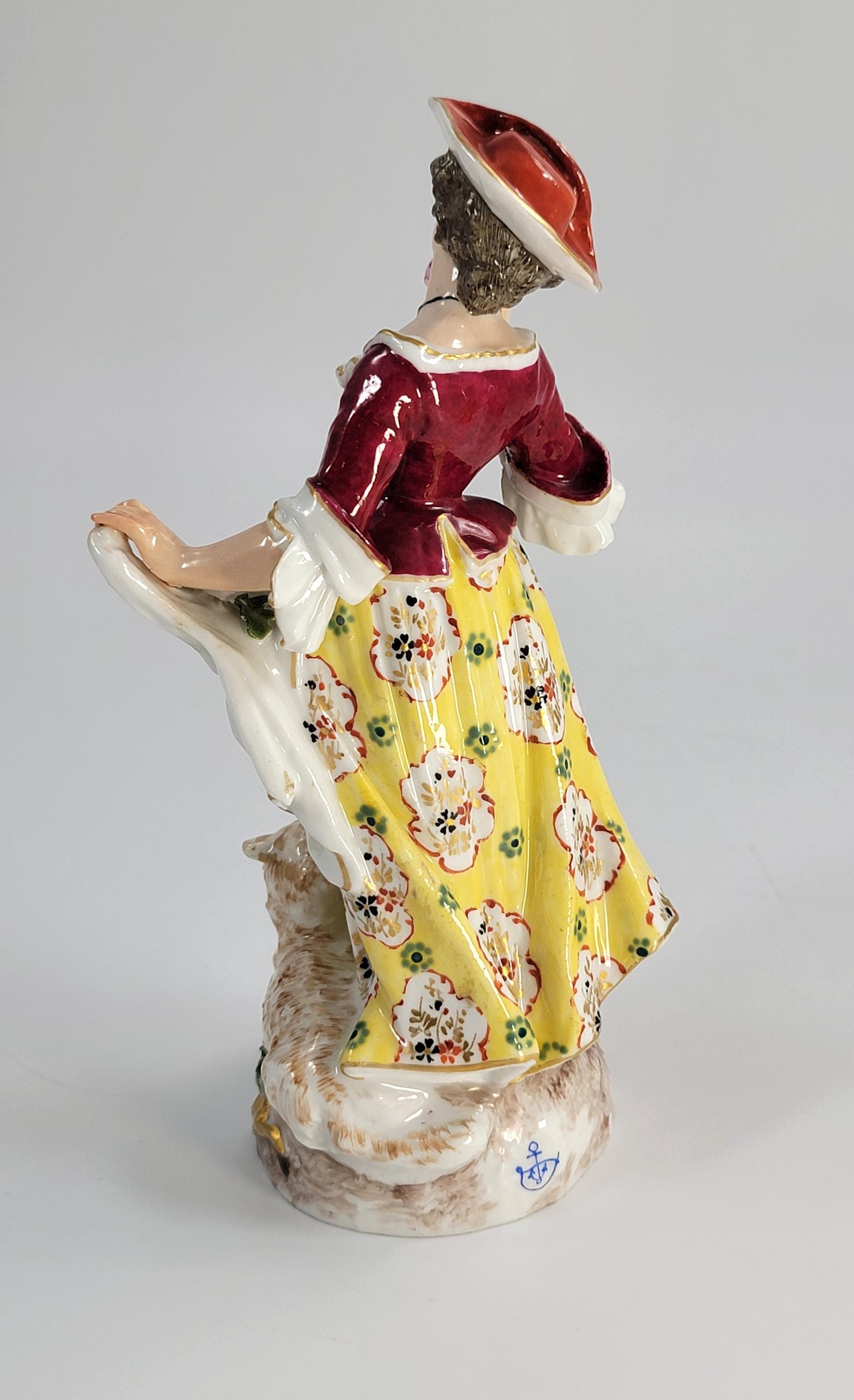 Antique German Porcelain Shepherdess, Chelsea Derby Style, c.1890, Blue Anchor Mark