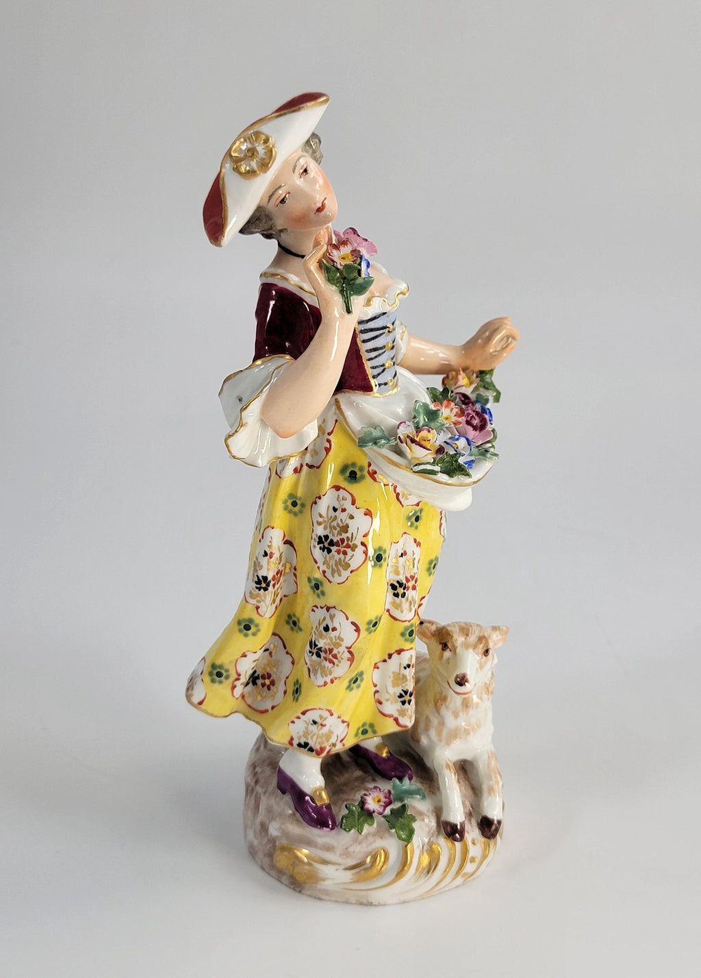 Antique German Porcelain Shepherdess, Chelsea Derby Style, c.1890, Blue Anchor Mark