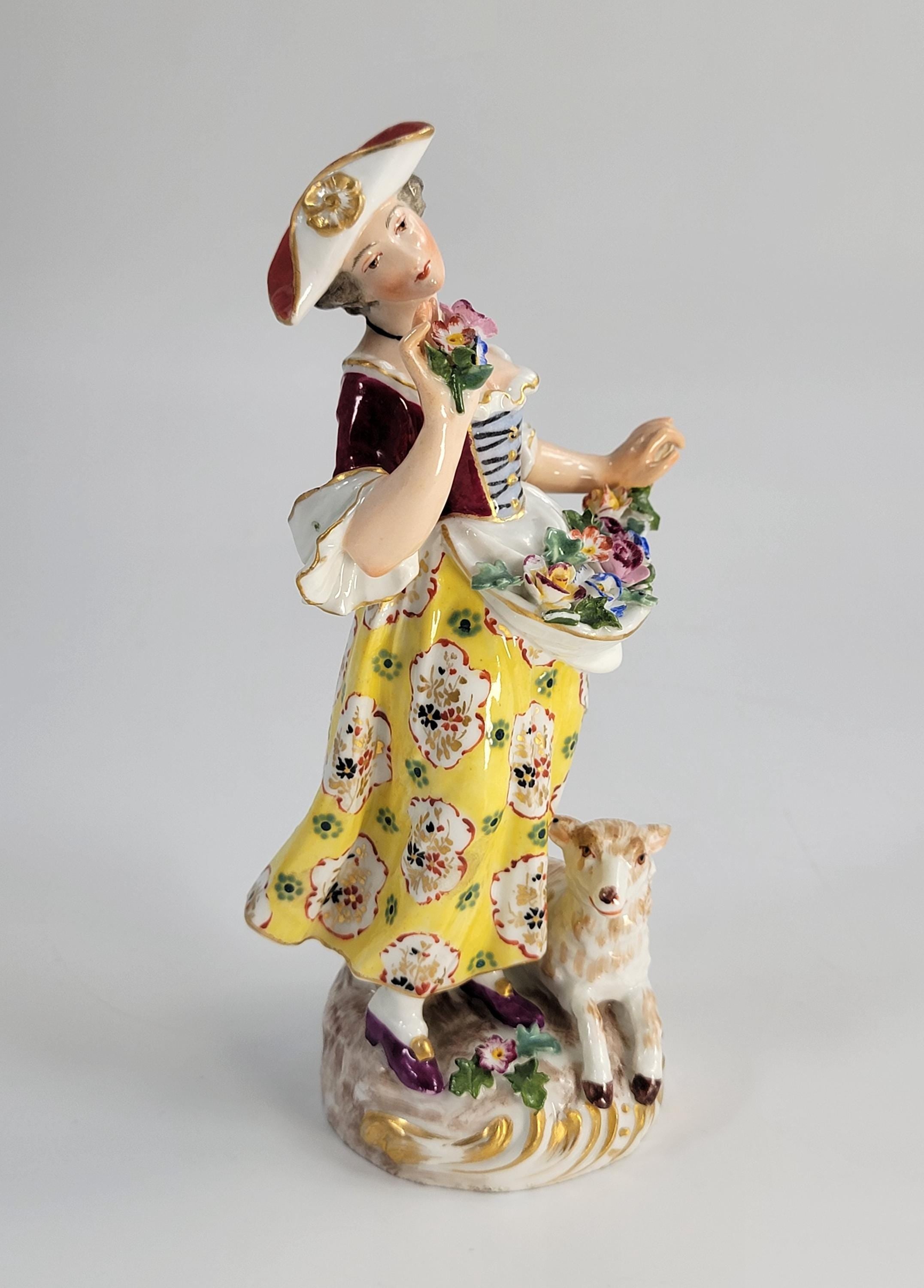Antique German Porcelain Shepherdess, Chelsea Derby Style, c.1890, Blue Anchor Mark