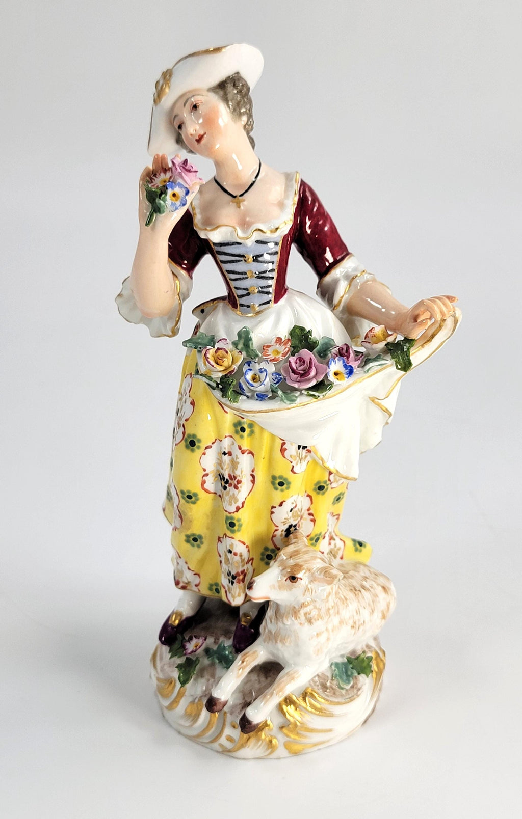 Antique German Porcelain Shepherdess, Chelsea Derby Style, c.1890, Blue Anchor Mark
