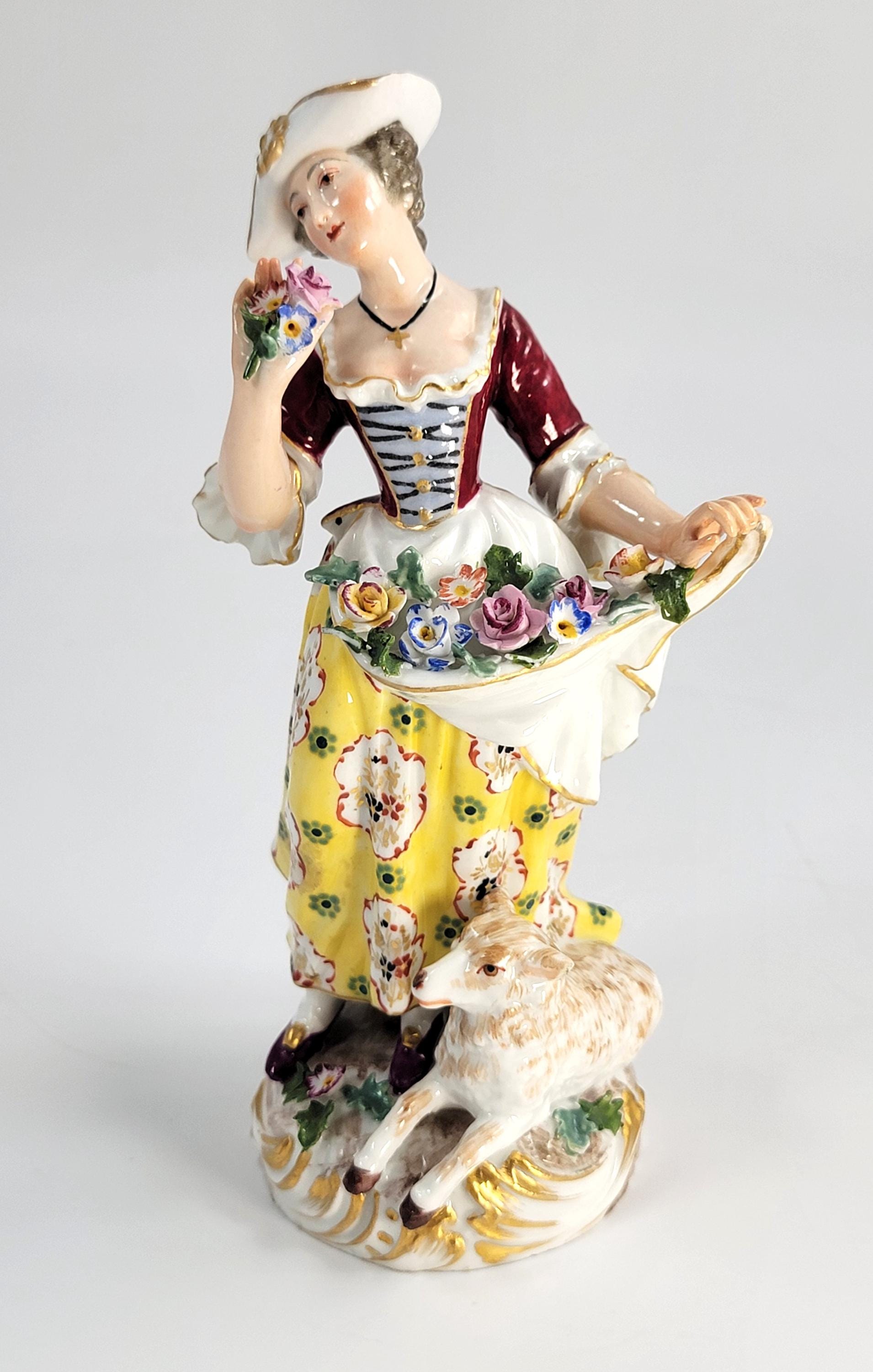 Antique German Porcelain Shepherdess, Chelsea Derby Style, c.1890, Blue Anchor Mark