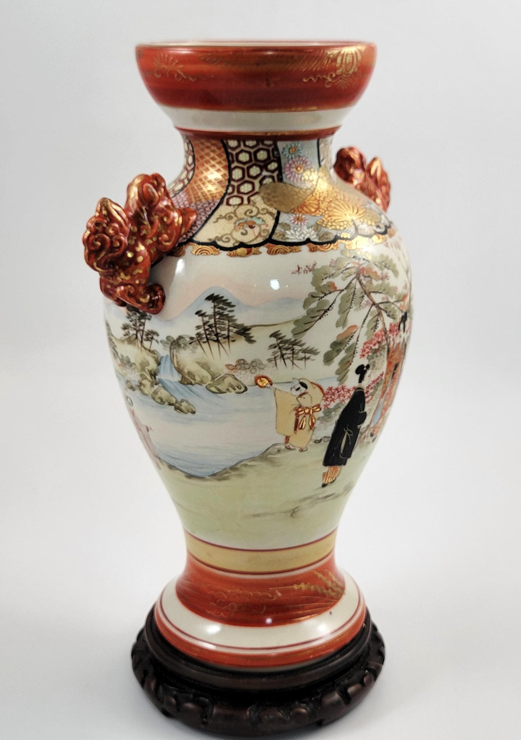 Large Antique Kutani Vase, Japan, Moriage Enamel, Lion Handles, c.1890, with Original Walnut Stand