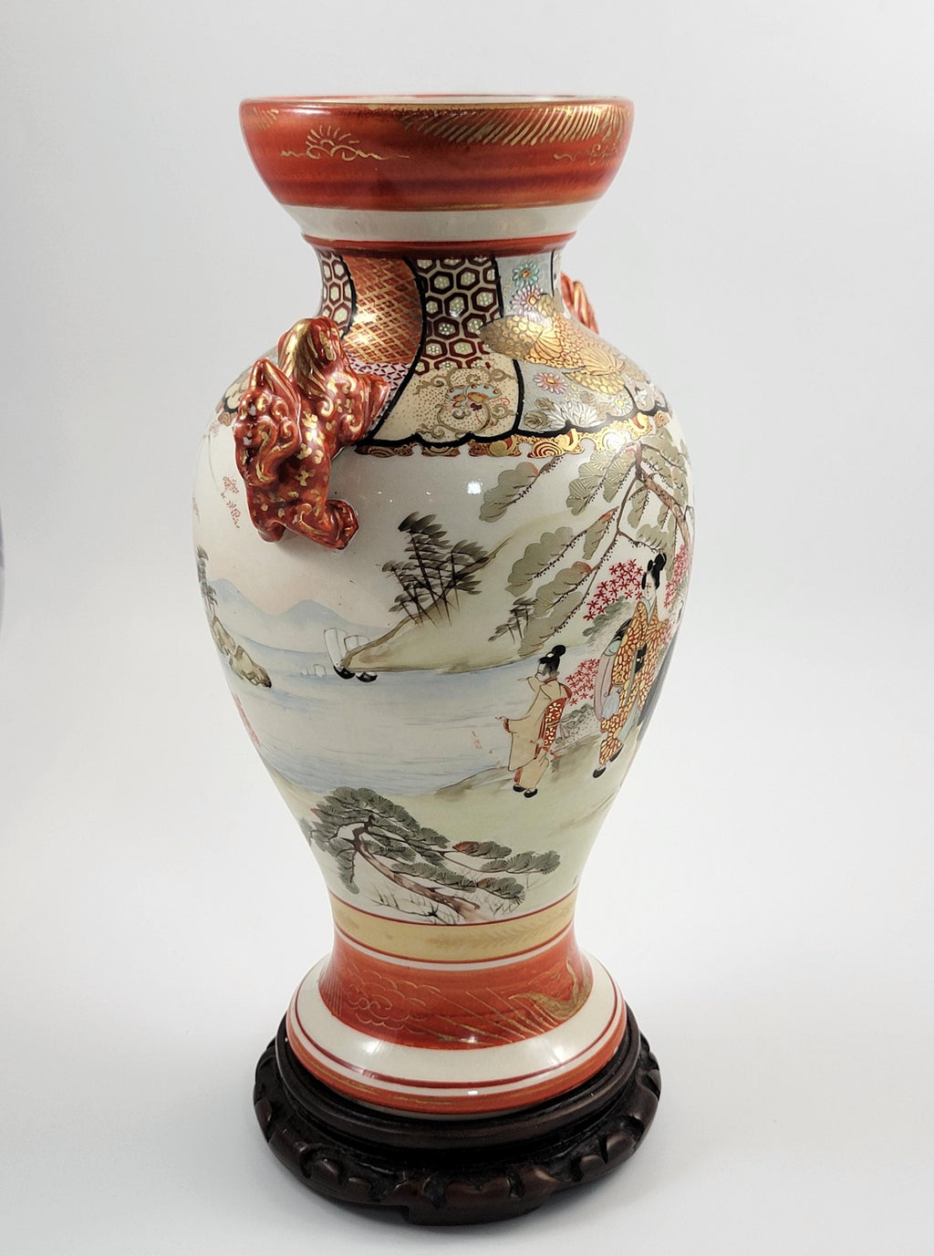 Large Antique Kutani Vase, Japan, Moriage Enamel, Lion Handles, c.1890, with Original Walnut Stand
