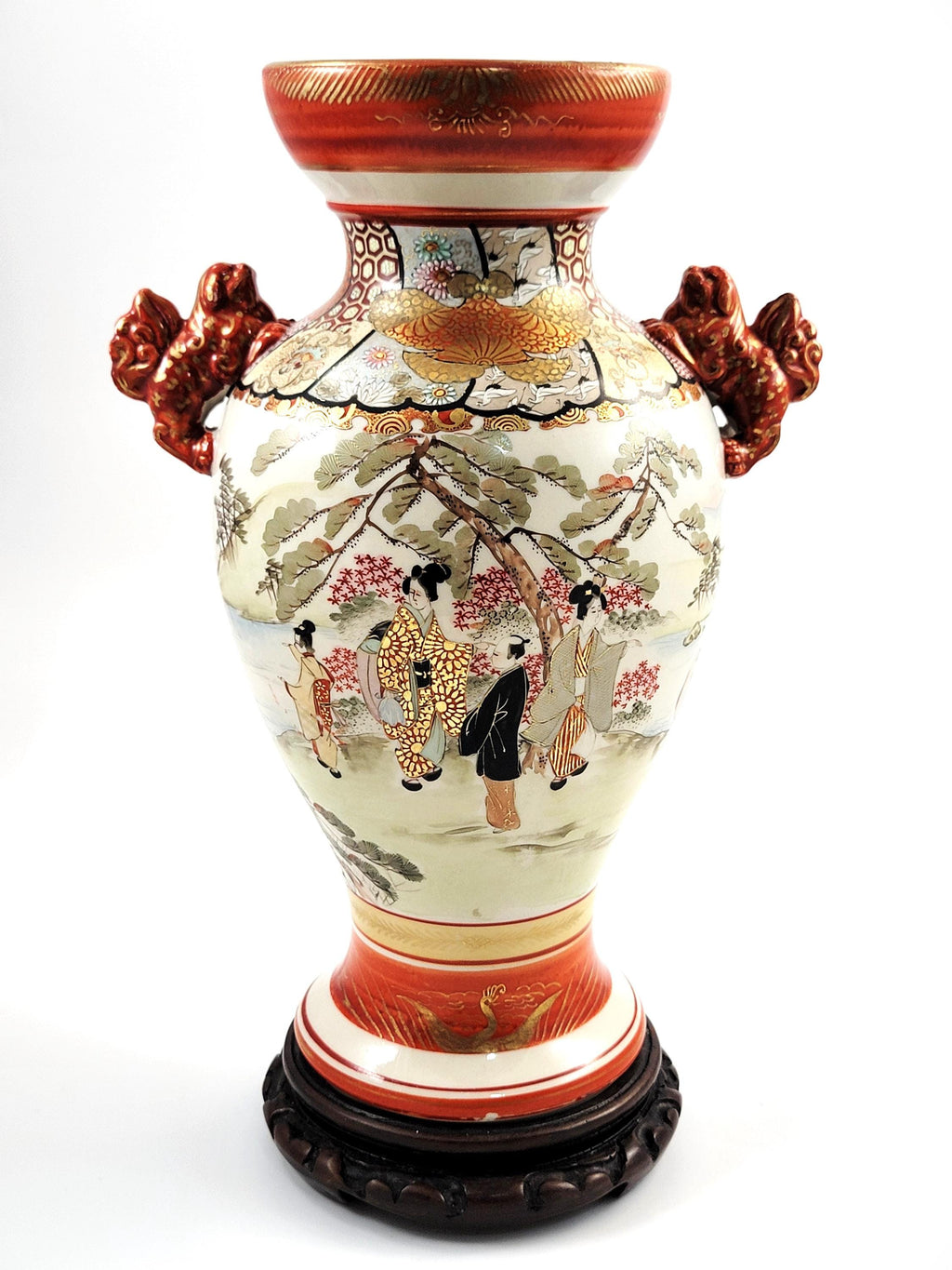 Large Antique Kutani Vase, Japan, Moriage Enamel, Lion Handles, c.1890, with Original Walnut Stand