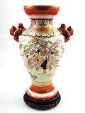 Large Antique Kutani Vase, Japan, Moriage Enamel, Lion Handles, c.1890, with Original Walnut Stand