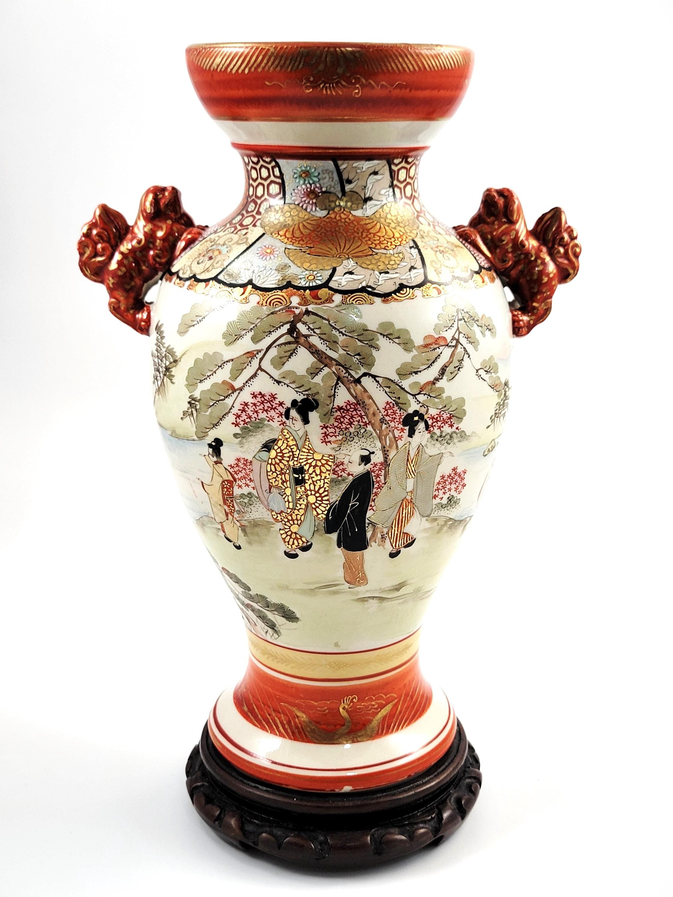 Large Antique Kutani Vase, Japan, Moriage Enamel, Lion Handles, c.1890, with Original Walnut Stand