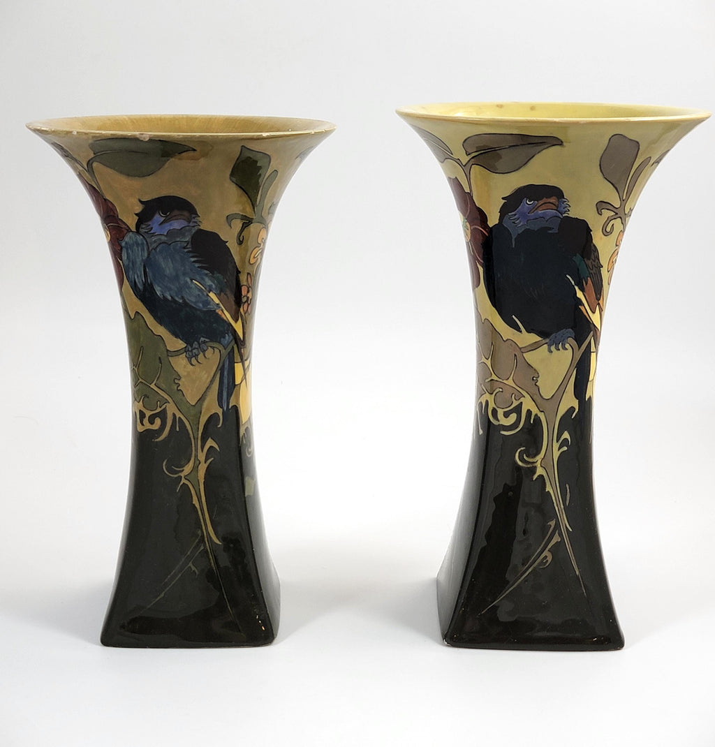 Antique Rozenburg Art Nouveau Vases: Birds & Flowers, Eggshell Glaze, c.1900