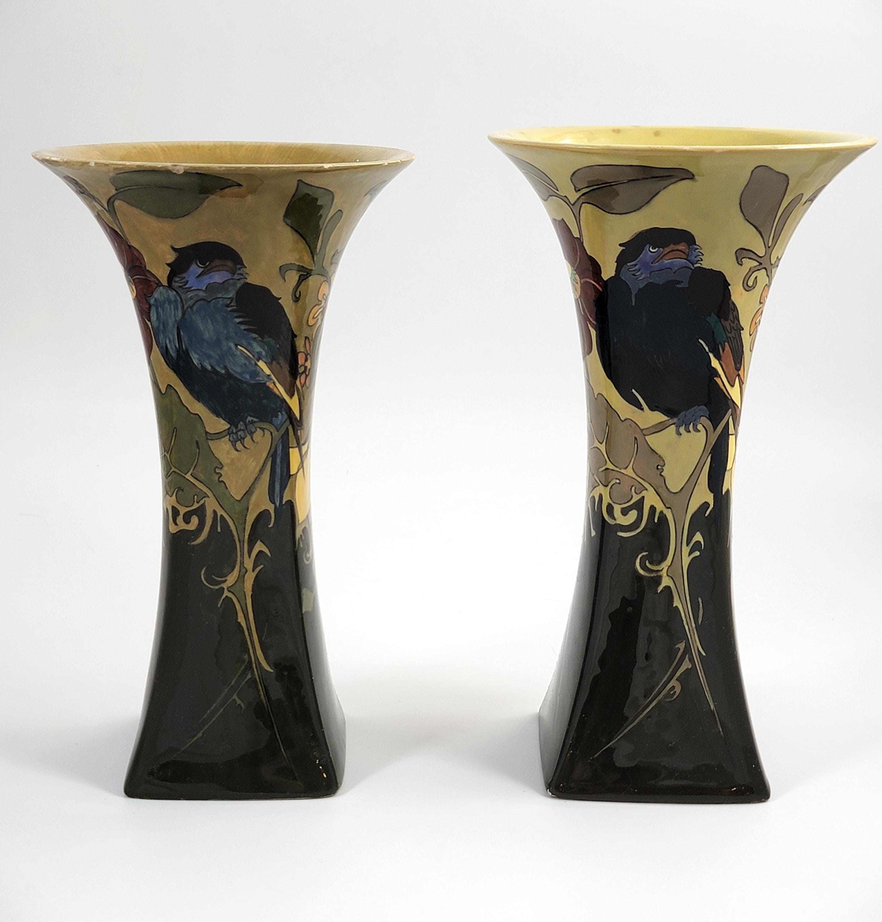 Antique Rozenburg Art Nouveau Vases: Birds & Flowers, Eggshell Glaze, c.1900