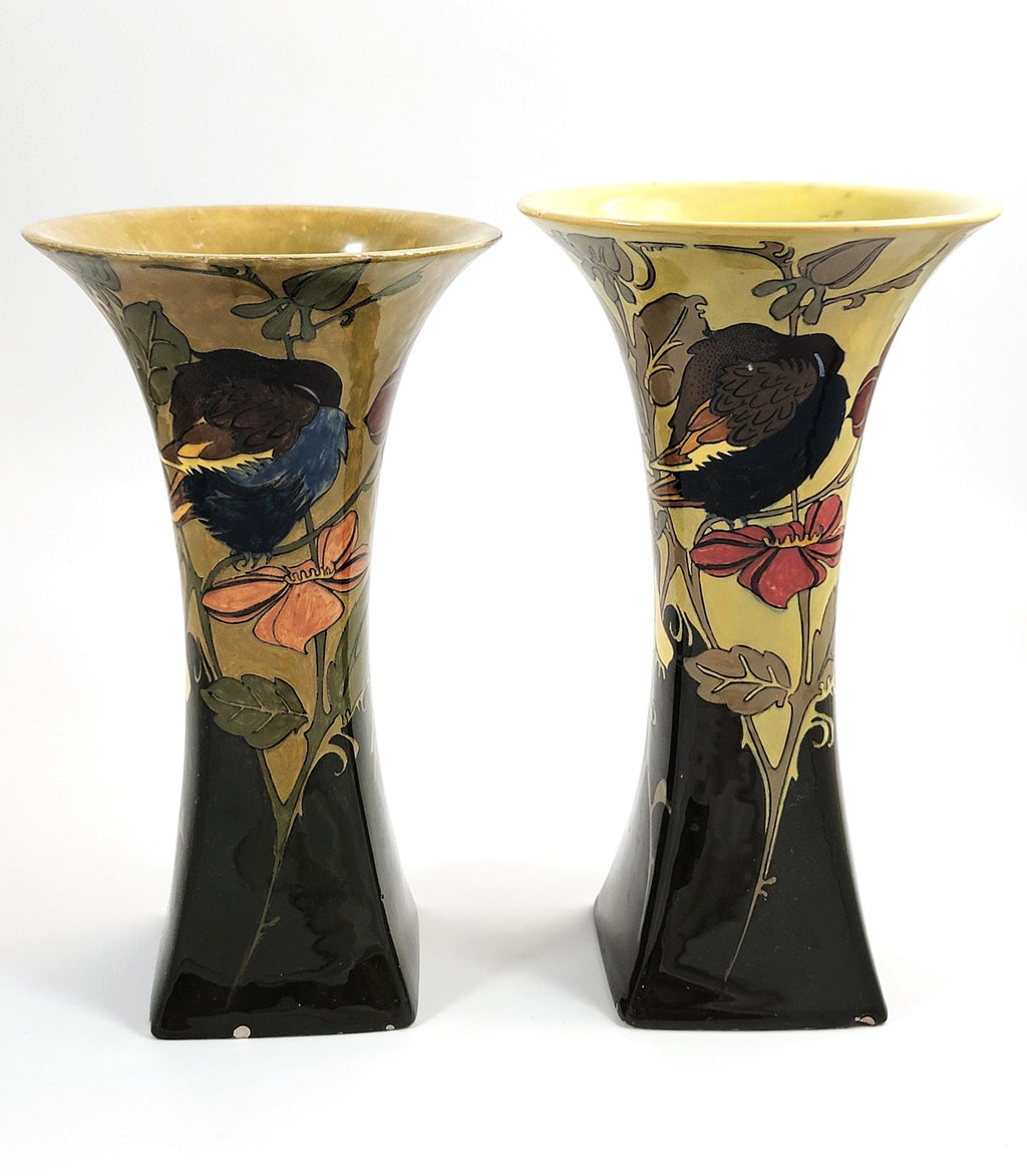 Antique Rozenburg Art Nouveau Vases: Birds & Flowers, Eggshell Glaze, c.1900