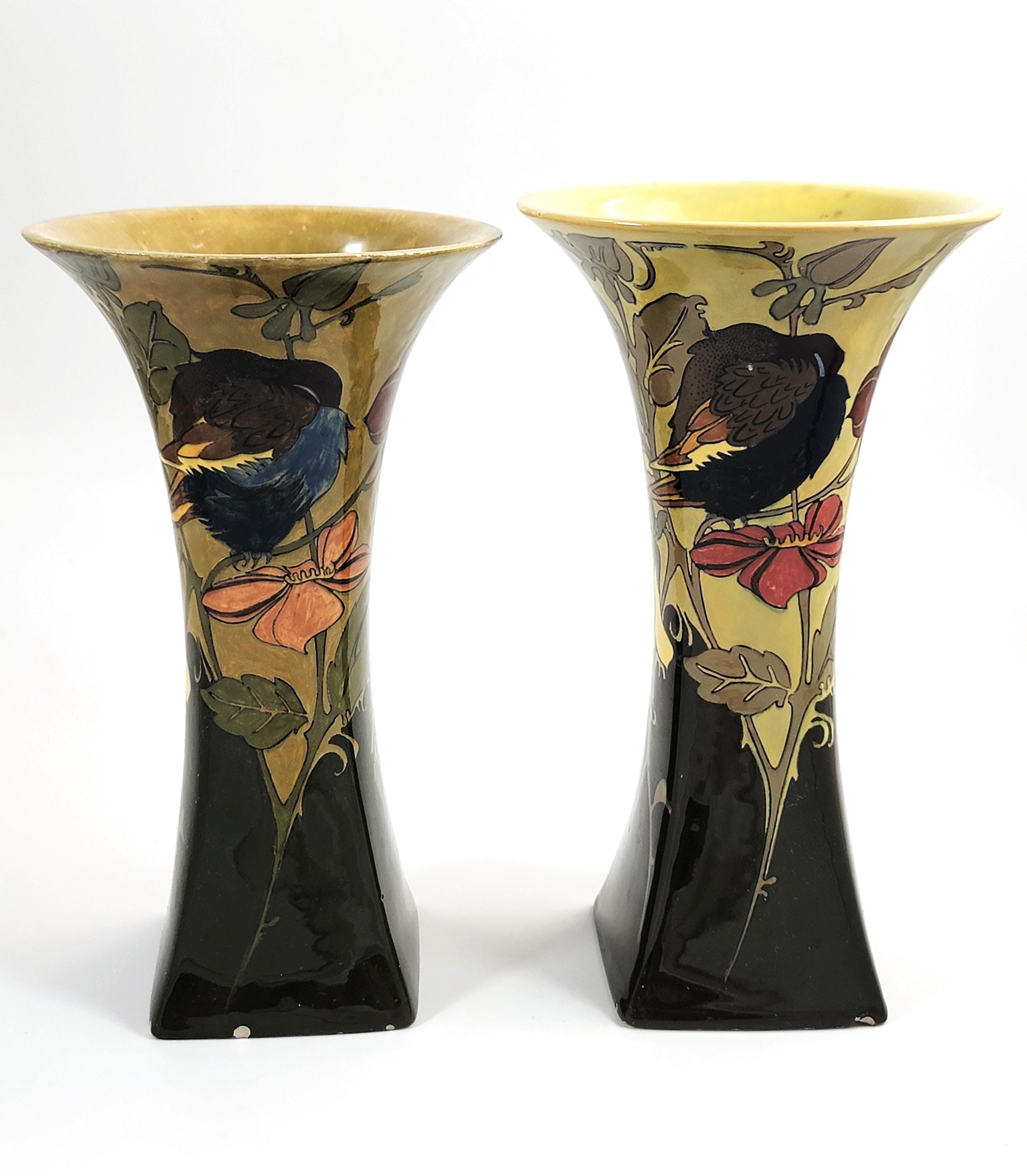 Antique Rozenburg Art Nouveau Vases: Birds & Flowers, Eggshell Glaze, c.1900
