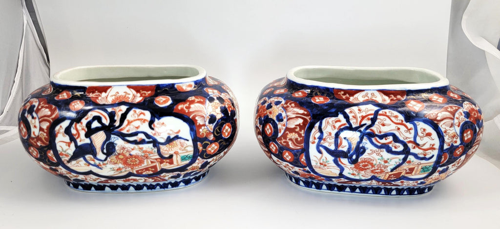 Antique Japanese Imari Jardinieres, Matching Oval Pair, Meiji Period, Arita, Blue Red, 1880