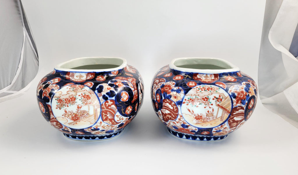 Antique Japanese Imari Jardinieres, Matching Oval Pair, Meiji Period, Arita, Blue Red, 1880