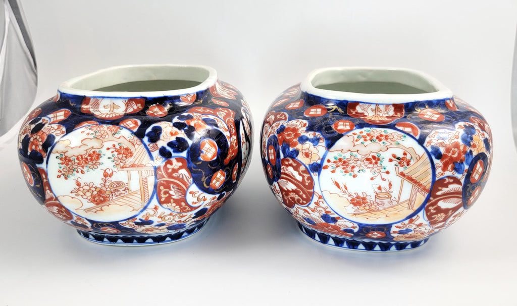 Antique Japanese Imari Jardinieres, Matching Oval Pair, Meiji Period, Arita, Blue Red, 1880