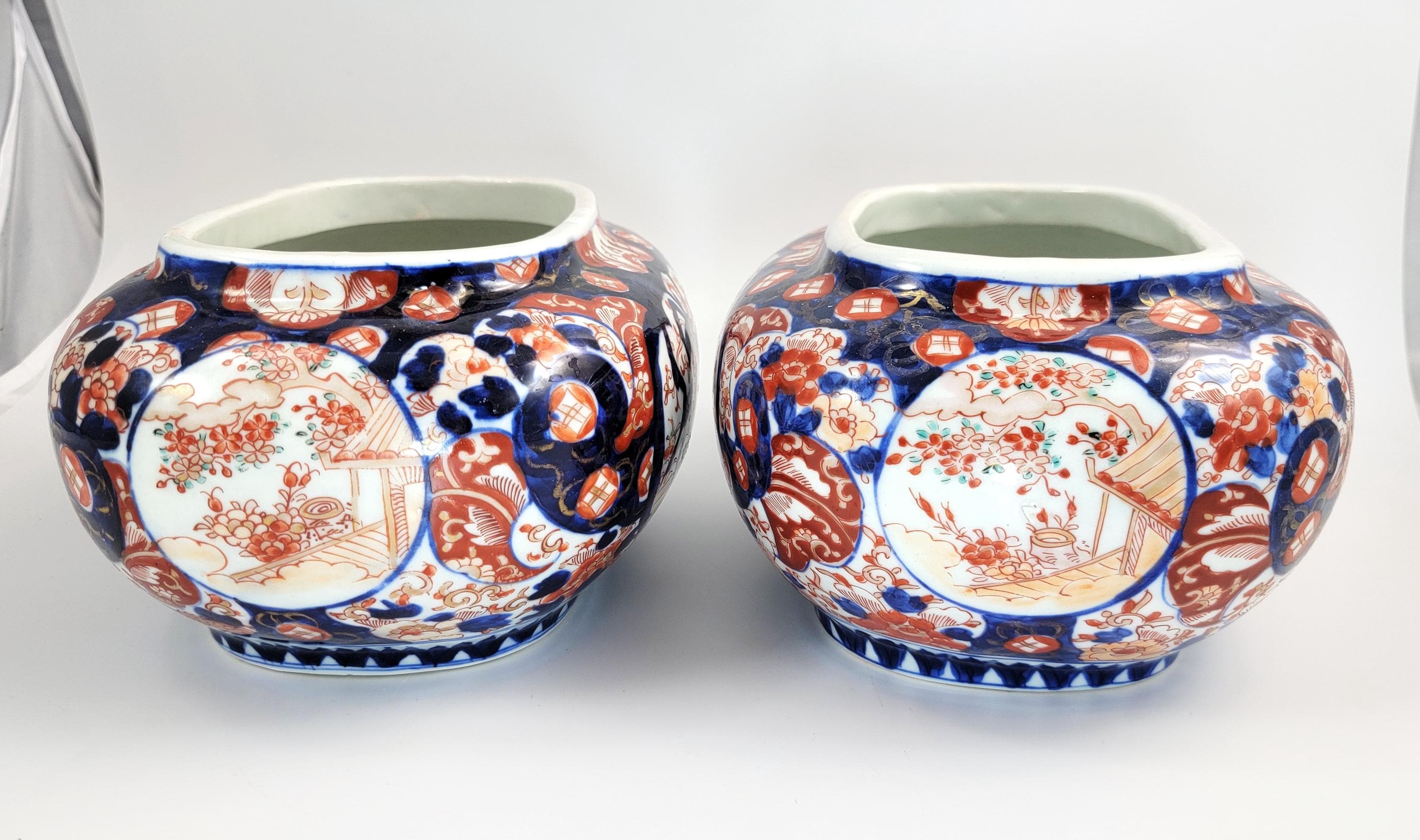 Antique Japanese Imari Jardinieres, Matching Oval Pair, Meiji Period, Arita, Blue Red, 1880