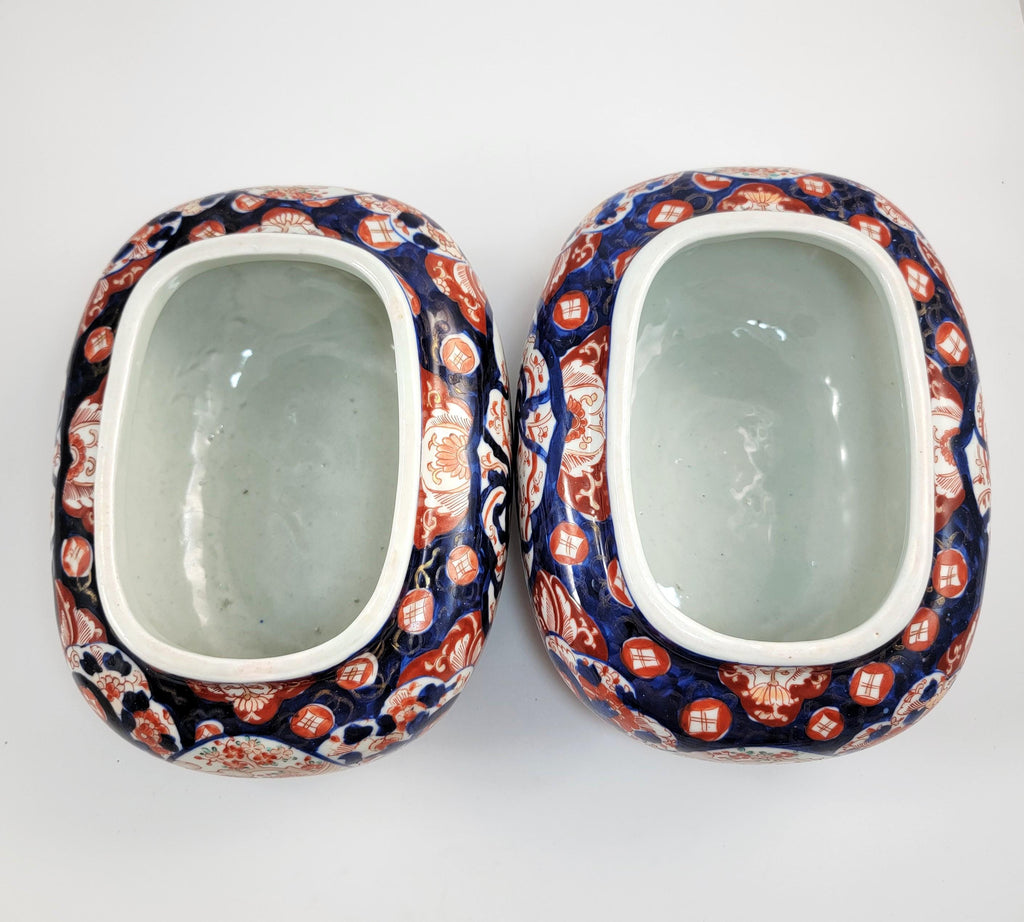 Antique Japanese Imari Jardinieres, Matching Oval Pair, Meiji Period, Arita, Blue Red, 1880