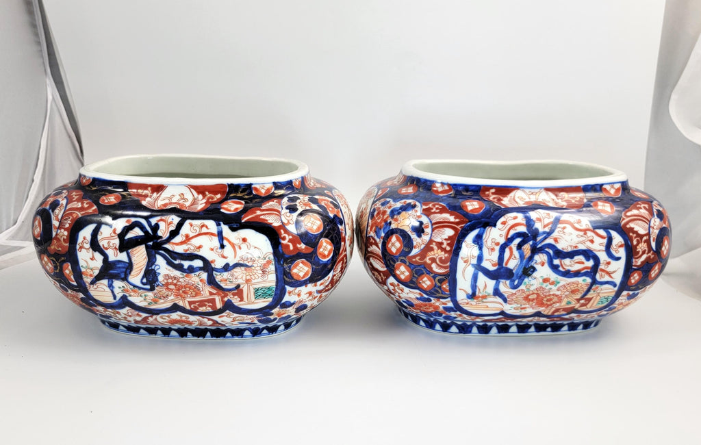 Antique Japanese Imari Jardinieres, Matching Oval Pair, Meiji Period, Arita, Blue Red, 1880