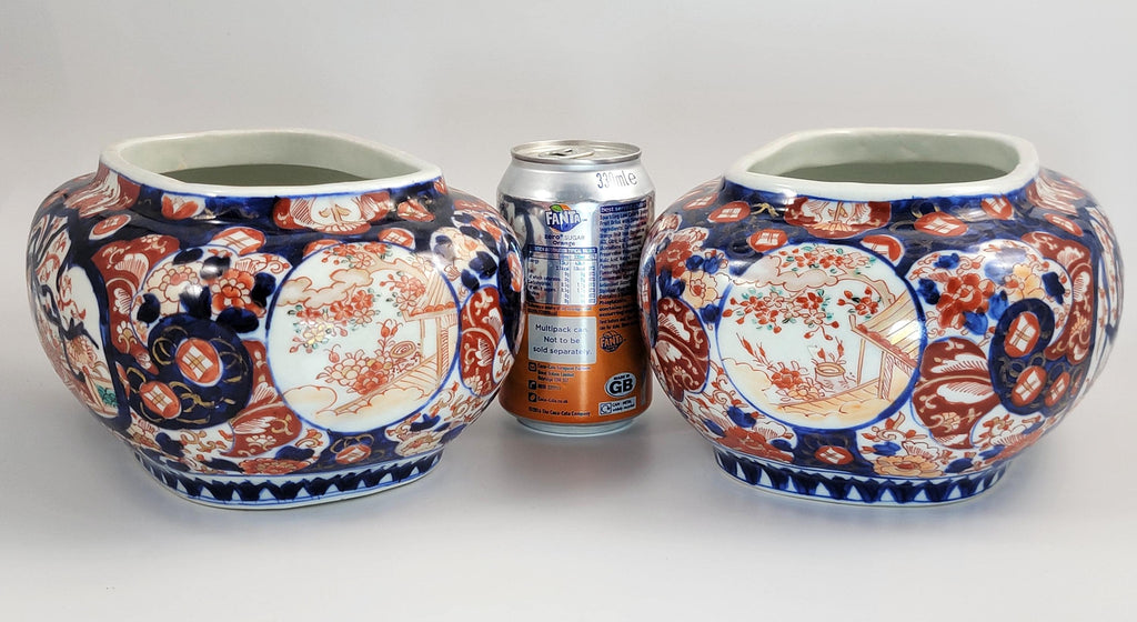 Antique Japanese Imari Jardinieres, Matching Oval Pair, Meiji Period, Arita, Blue Red, 1880