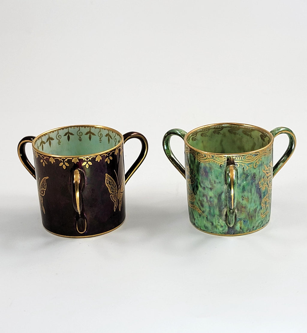 Rare Wedgwood Lustre Pair of Three-Handled Loving Mugs, Daisy Makeig-Jones, c.1915