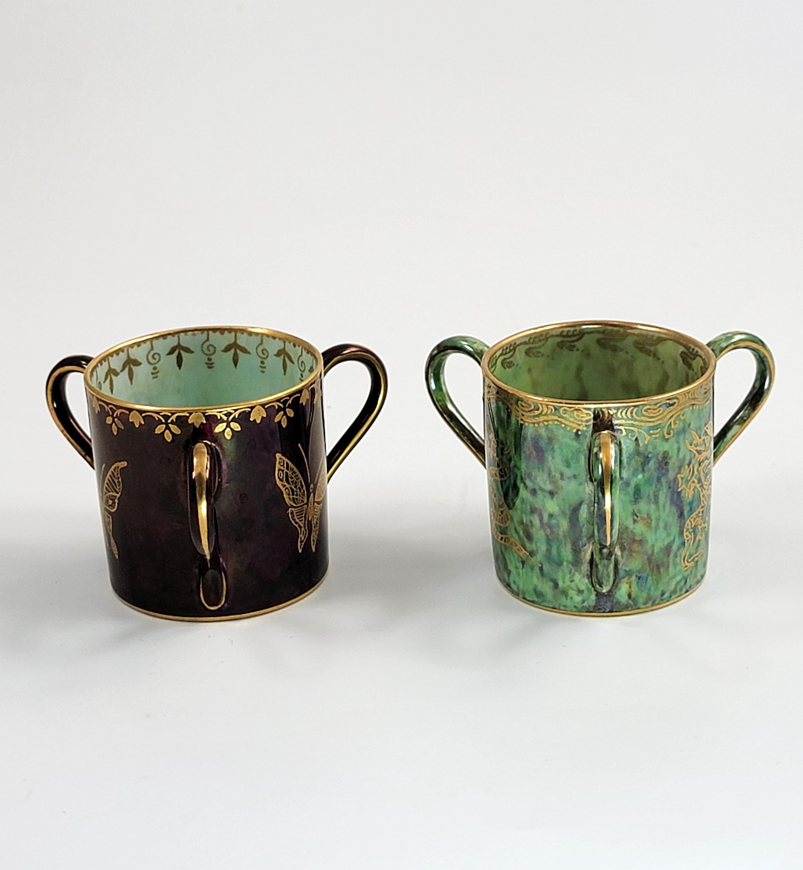 Rare Wedgwood Lustre Pair of Three-Handled Loving Mugs, Daisy Makeig-Jones, c.1915