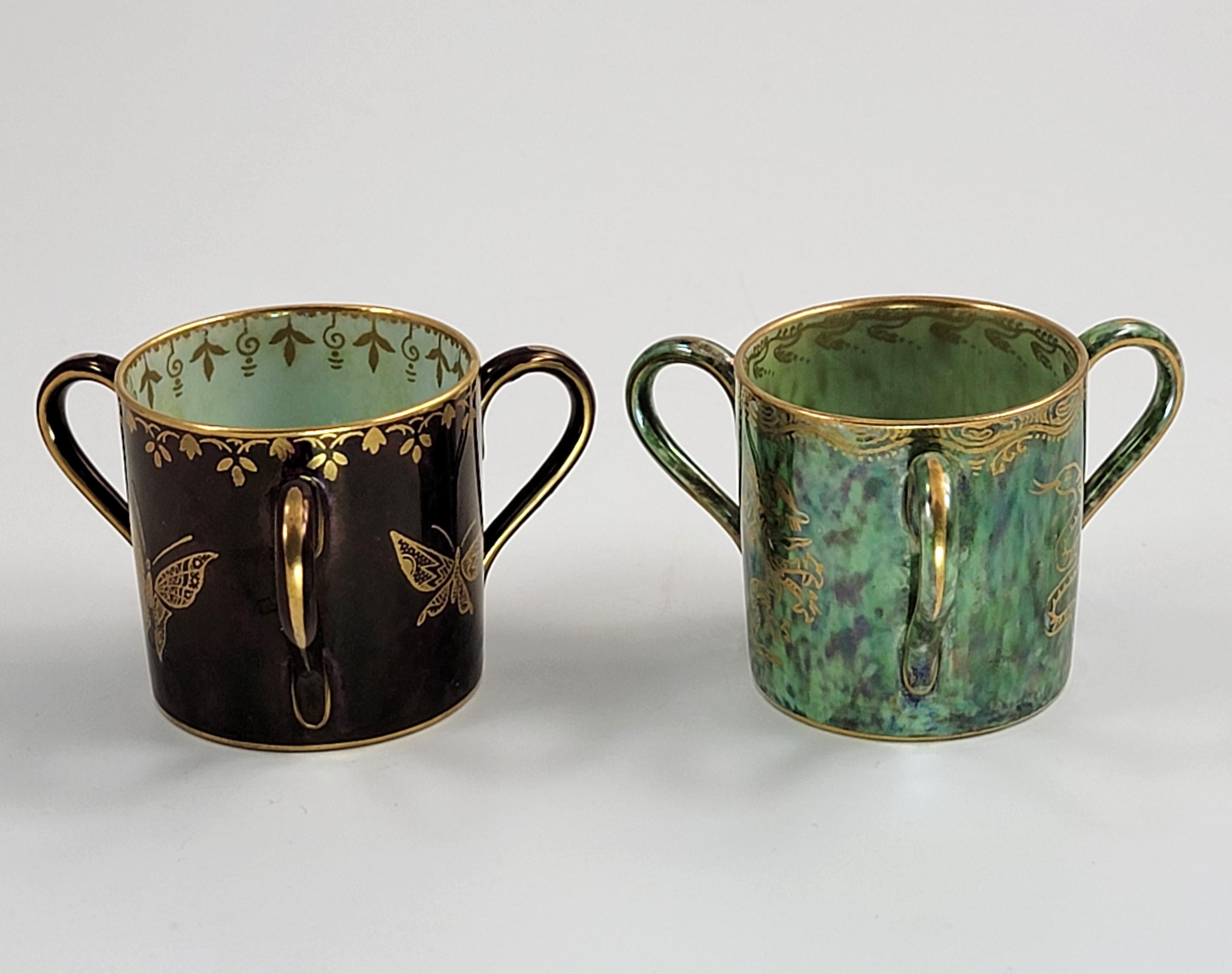 Rare Wedgwood Lustre Pair of Three-Handled Loving Mugs, Daisy Makeig-Jones, c.1915