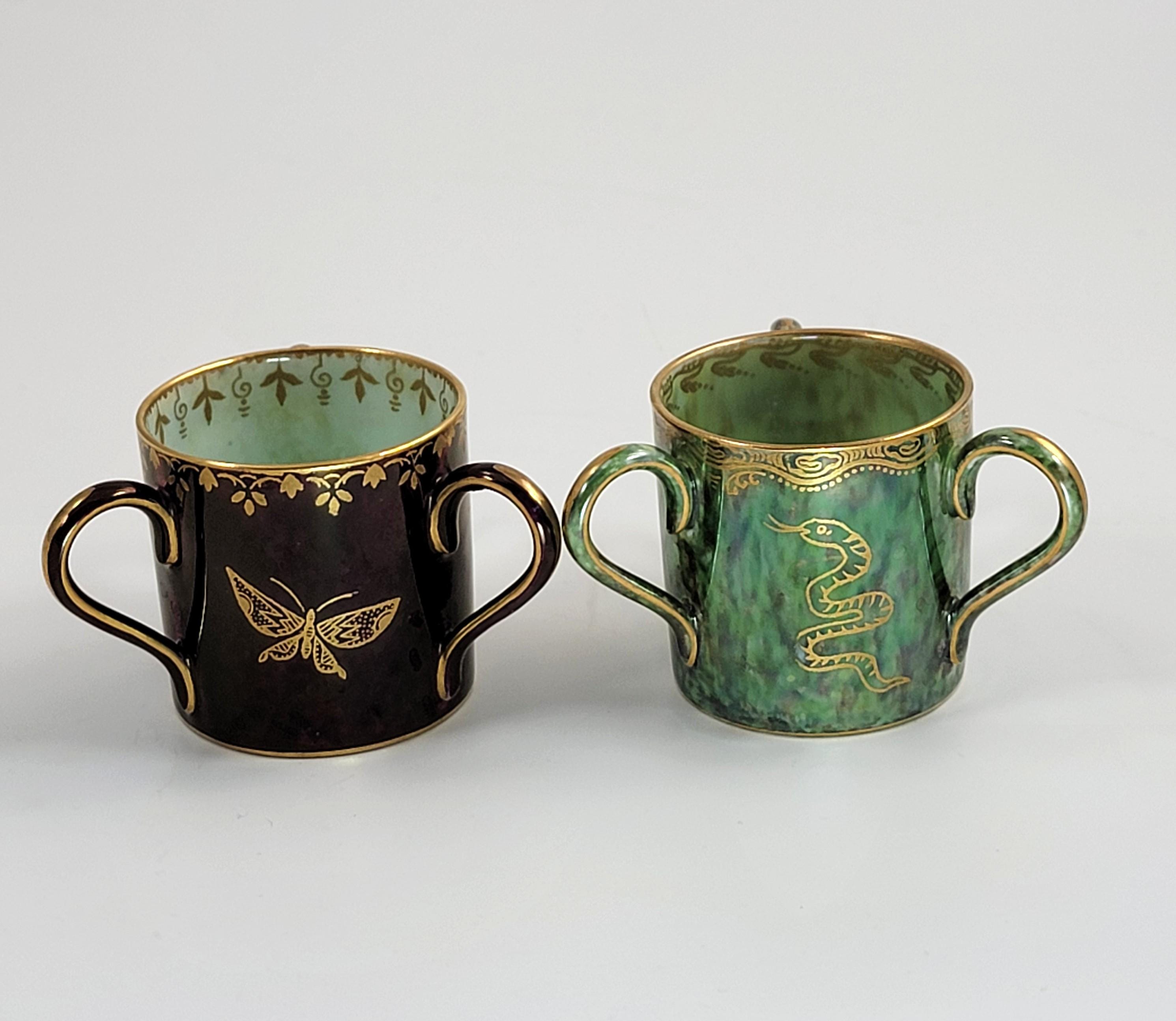 Rare Wedgwood Lustre Pair of Three-Handled Loving Mugs, Daisy Makeig-Jones, c.1915