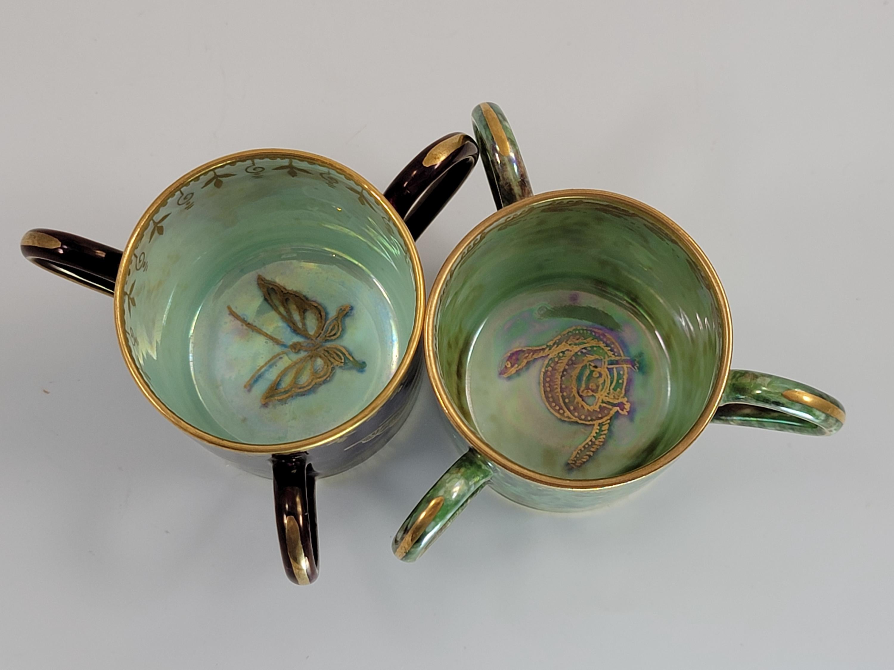 Rare Wedgwood Lustre Pair of Three-Handled Loving Mugs, Daisy Makeig-Jones, c.1915