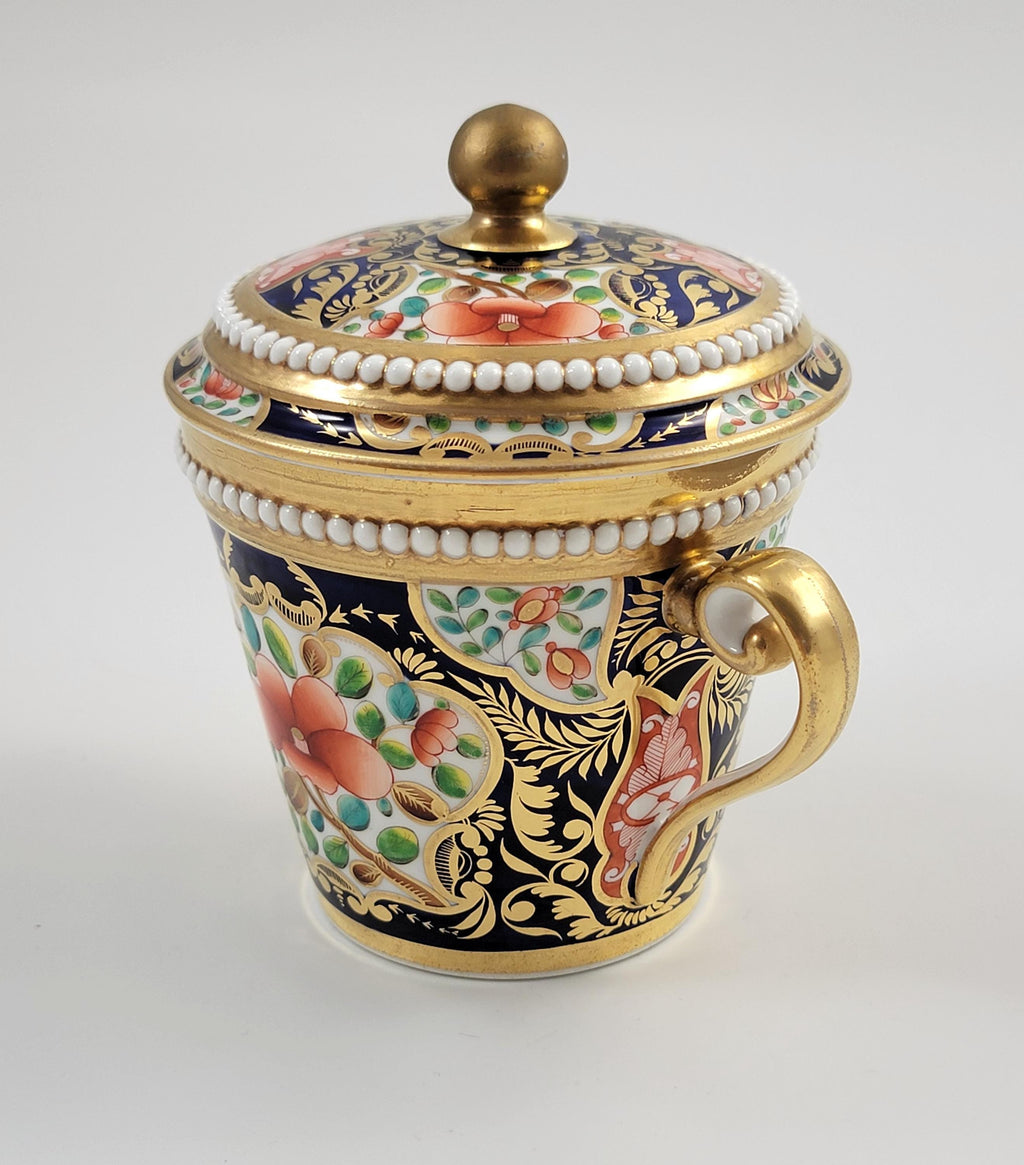 Spode Imari Porcelain Chocolate Cup & Cover, Rare Pearl Border, Hand Painted c. 1815