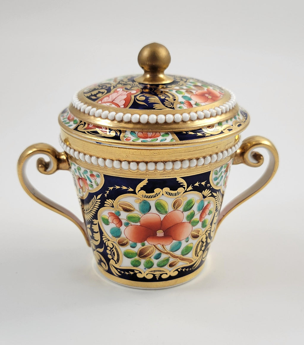 Spode Imari Porcelain Chocolate Cup & Cover, Rare Pearl Border, Hand Painted c. 1815