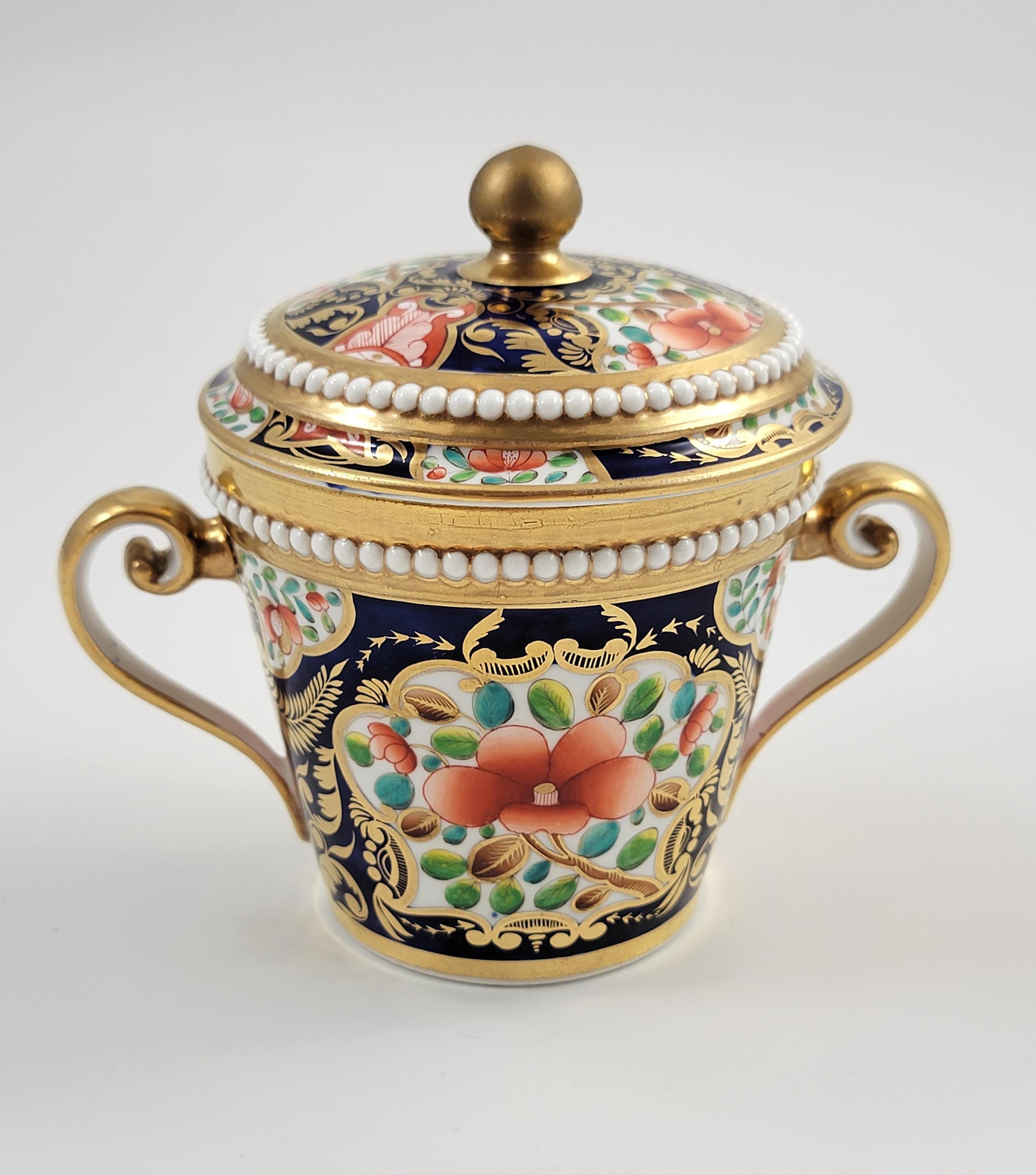Spode Imari Porcelain Chocolate Cup & Cover, Rare Pearl Border, Hand Painted c. 1815