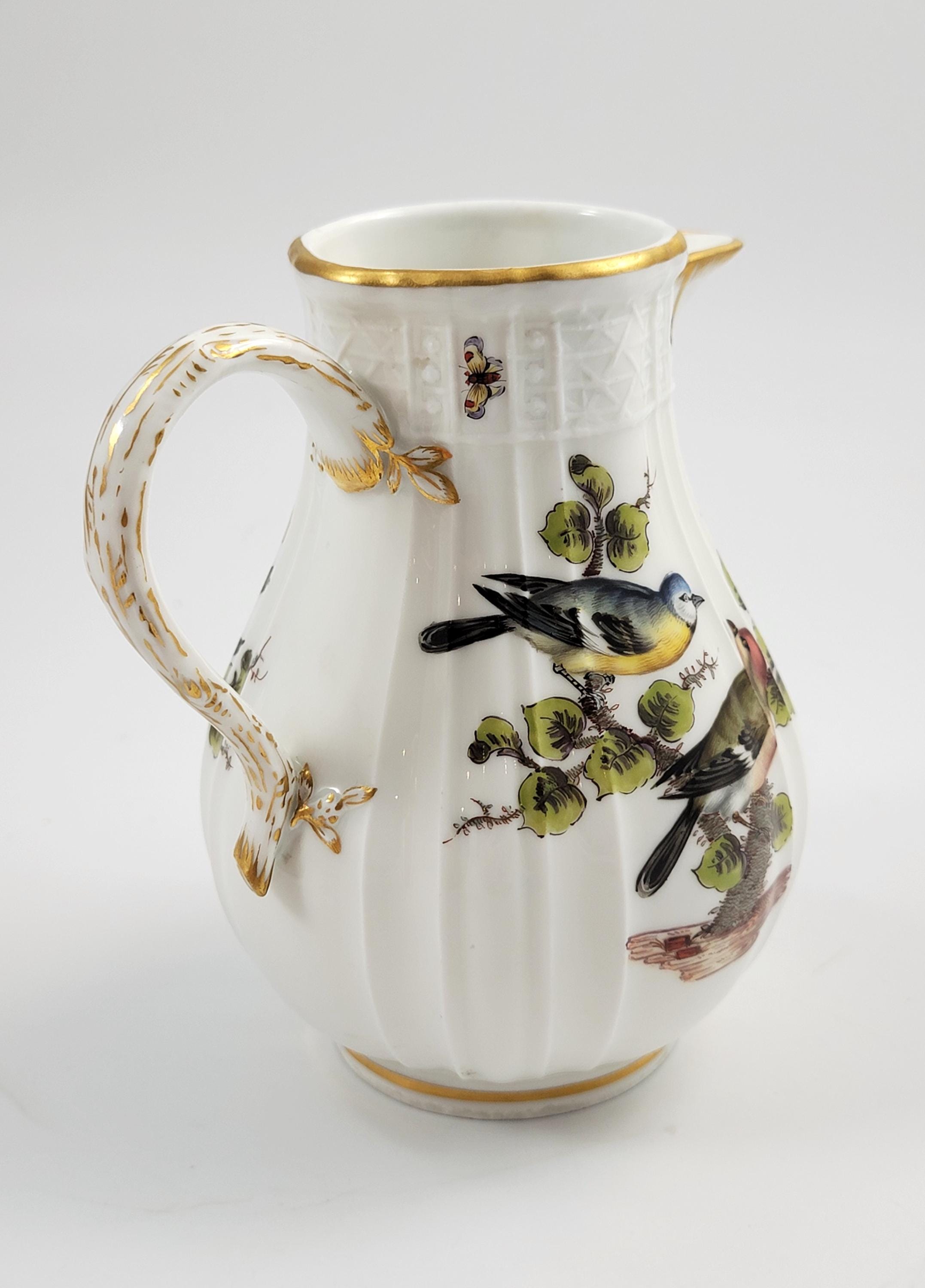 Meissen Ribbed Porcelain Jug, Handpainted Birds & Insects, mid-19th Century