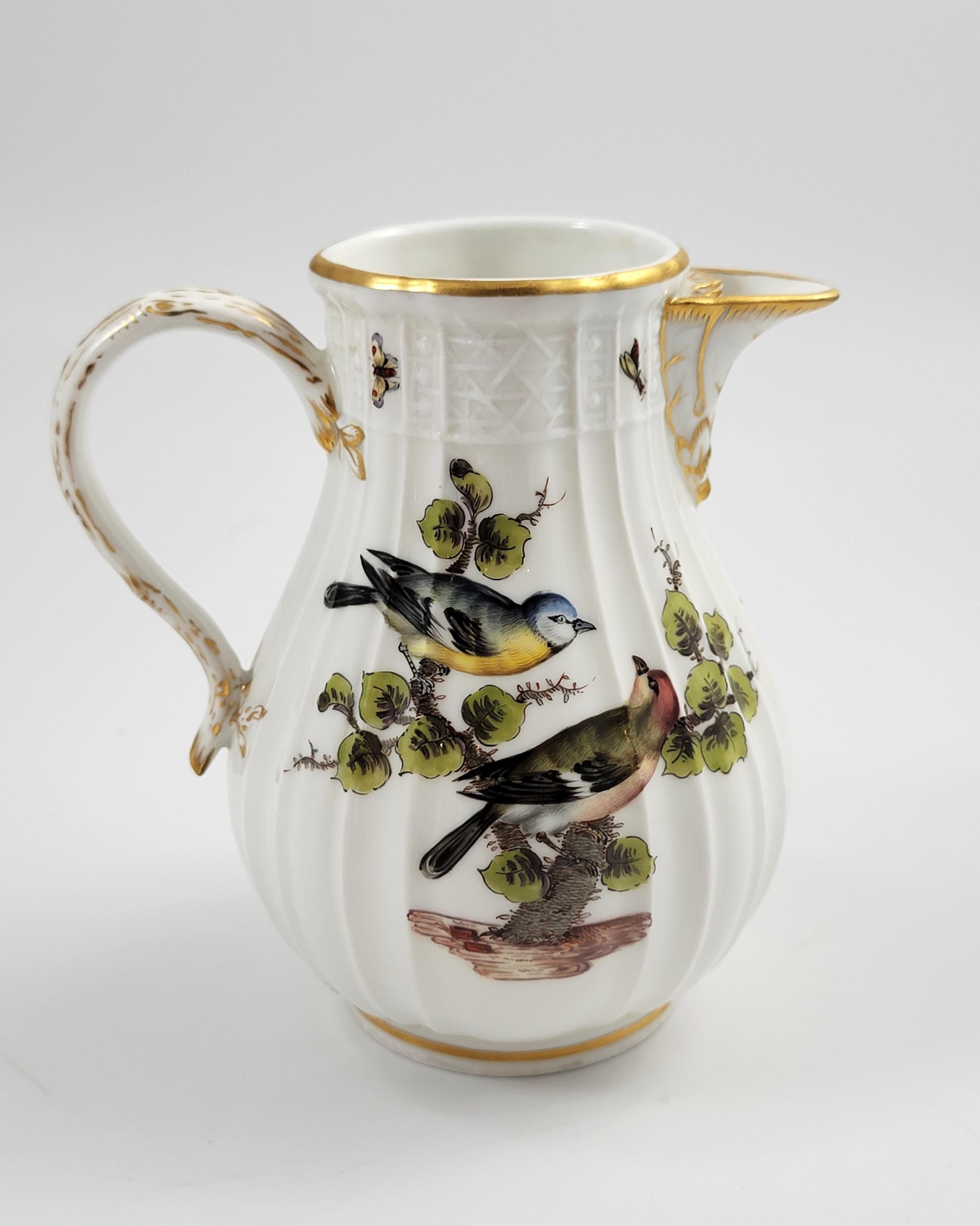 Meissen Ribbed Porcelain Jug, Handpainted Birds & Insects, mid-19th Century