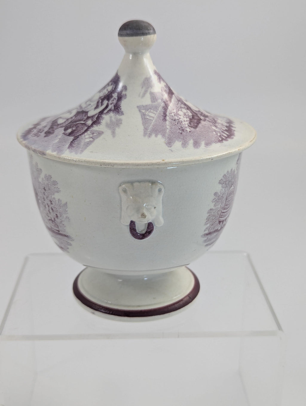 Victorian Mulberry Transferware Sugar Bowl, Staffordshire, c.1840, Lion Mask Handles, Antique English Pottery