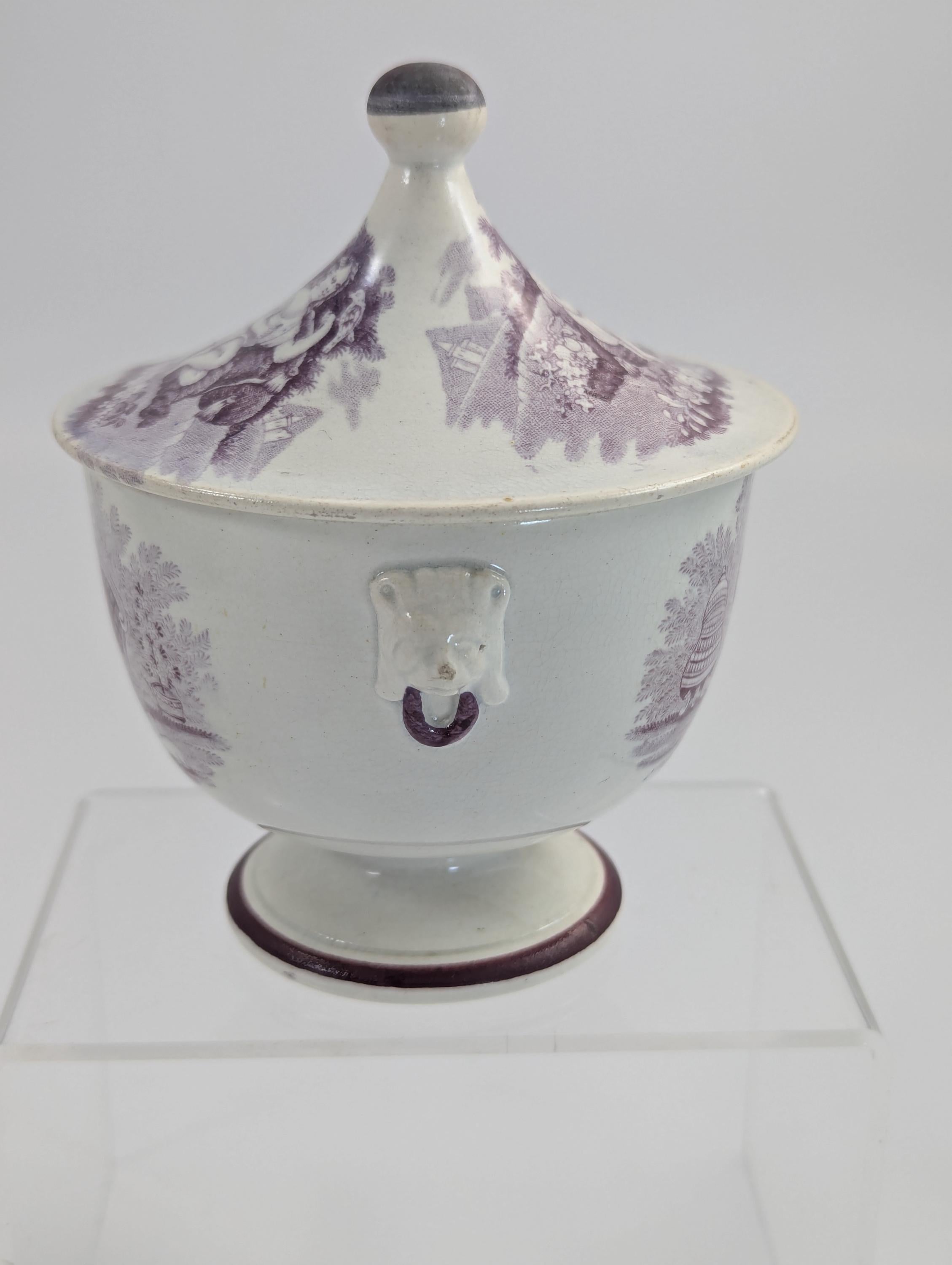 Victorian Mulberry Transferware Sugar Bowl, Staffordshire, c.1840, Lion Mask Handles, Antique English Pottery