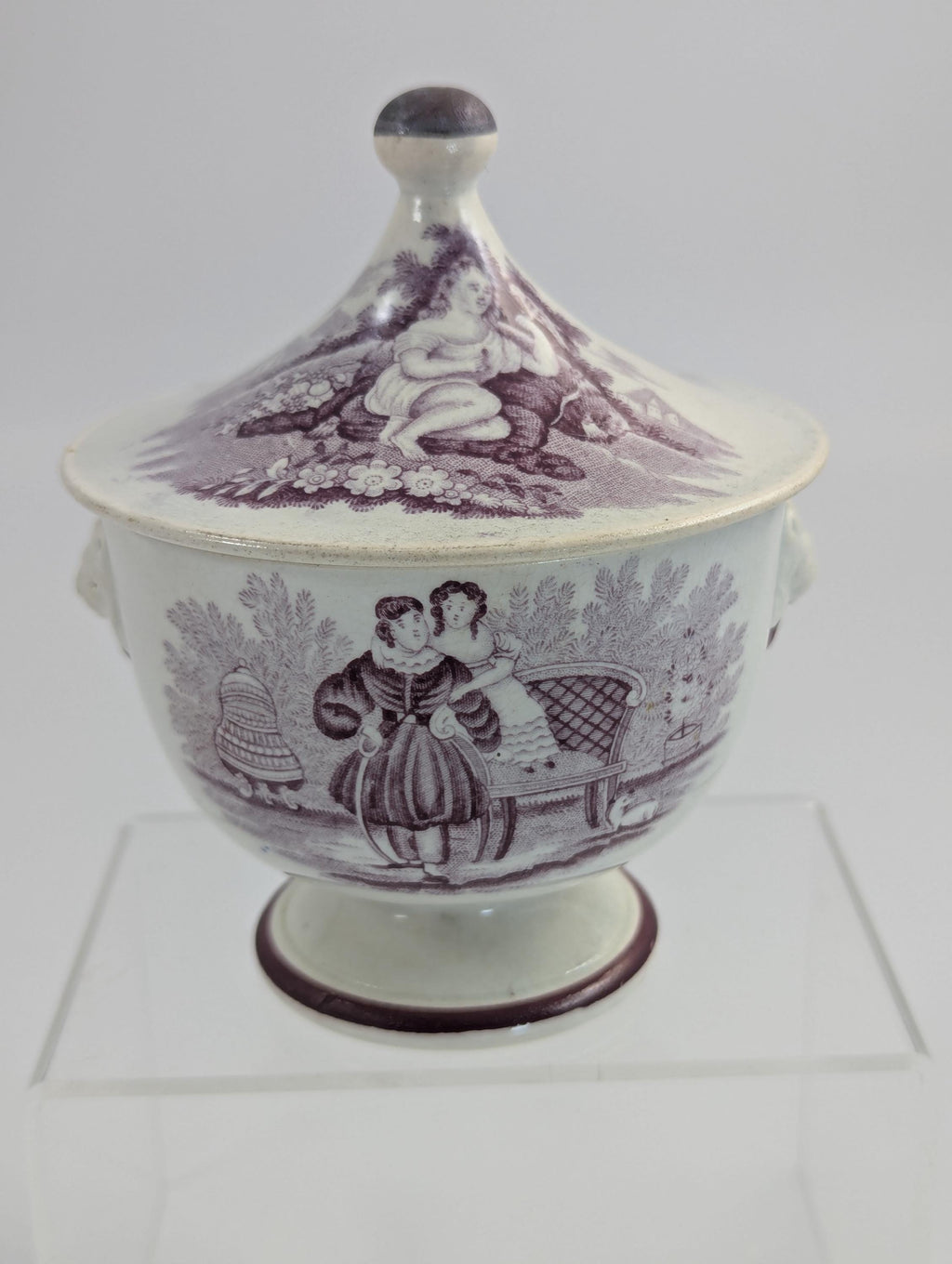 Victorian Mulberry Transferware Sugar Bowl, Staffordshire, c.1840, Lion Mask Handles, Antique English Pottery