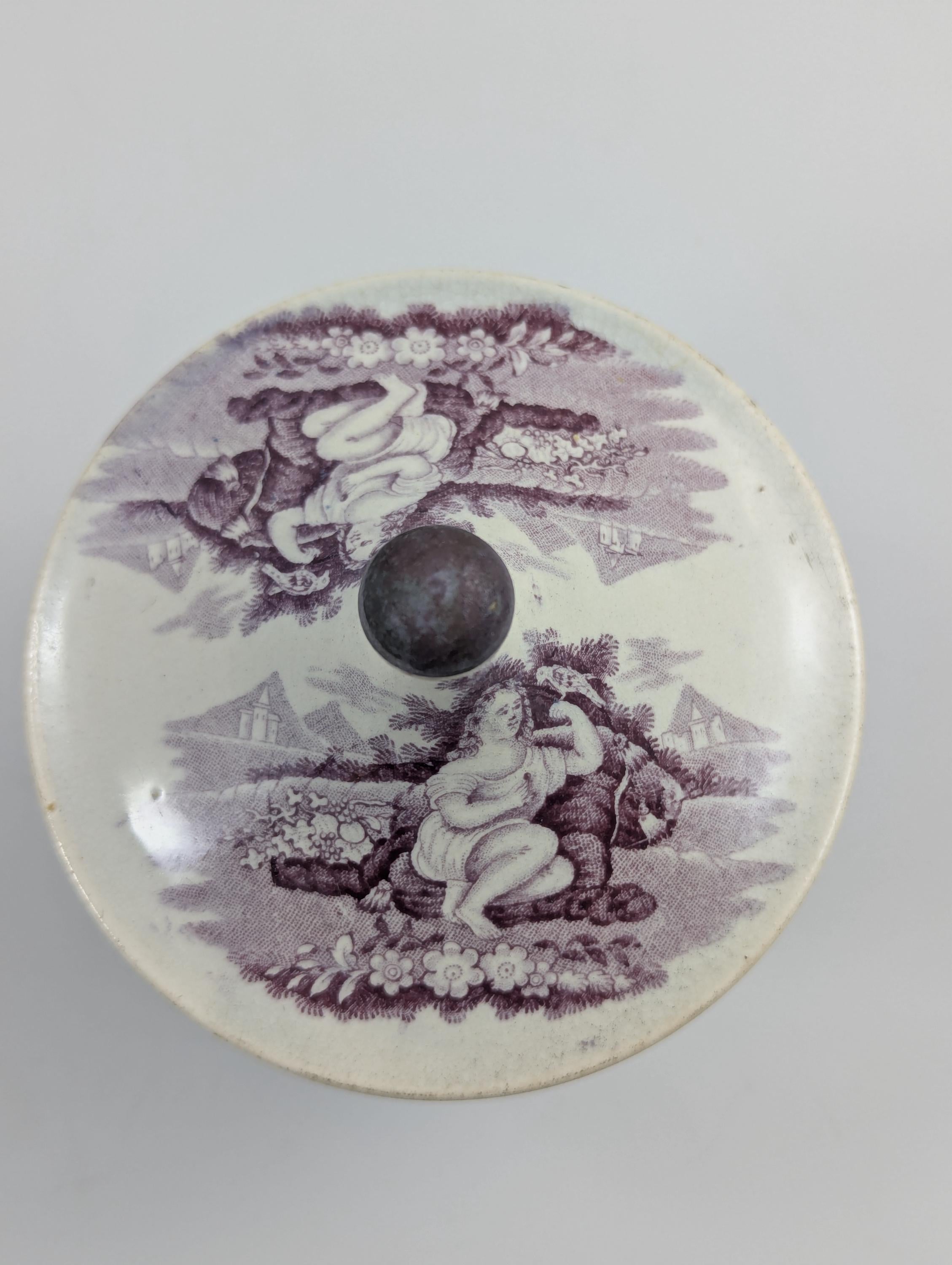 Victorian Mulberry Transferware Sugar Bowl, Staffordshire, c.1840, Lion Mask Handles, Antique English Pottery