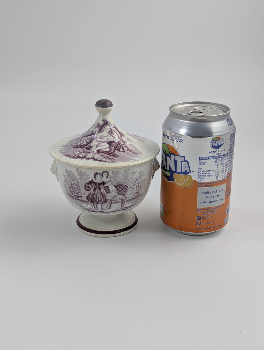 Victorian Mulberry Transferware Sugar Bowl, Staffordshire, c.1840, Lion Mask Handles, Antique English Pottery