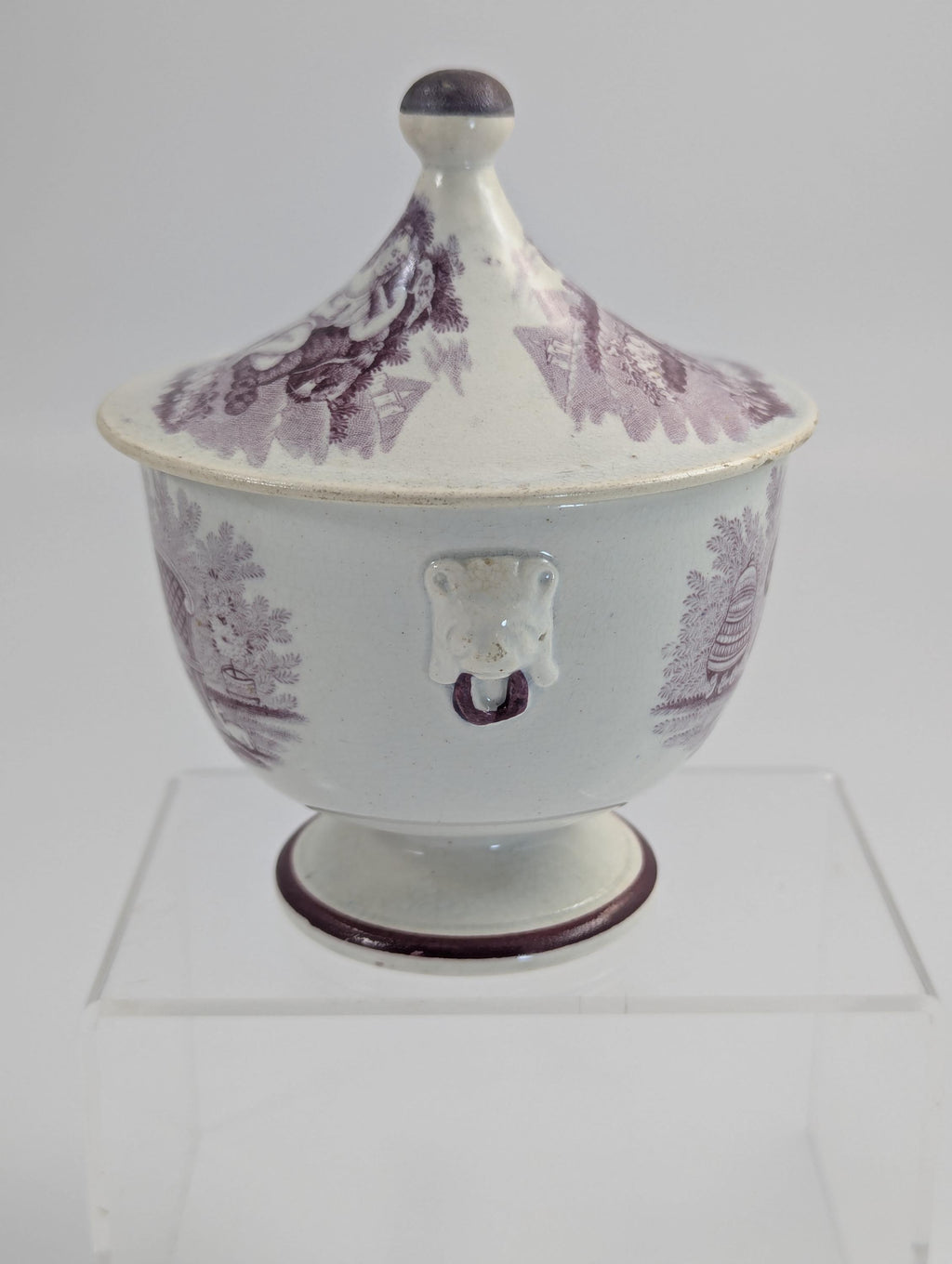 Victorian Mulberry Transferware Sugar Bowl, Staffordshire, c.1840, Lion Mask Handles, Antique English Pottery