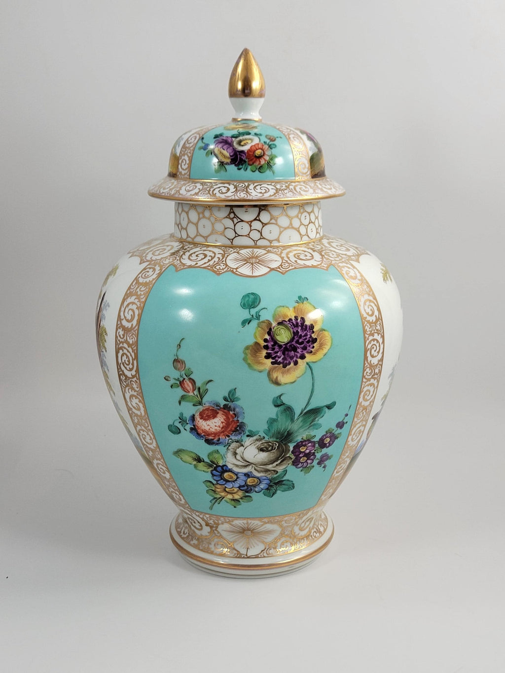 Large Helena Wolfsohn Dresden Vase with Lid, Watteau Scenes & Turquoise, c.1880