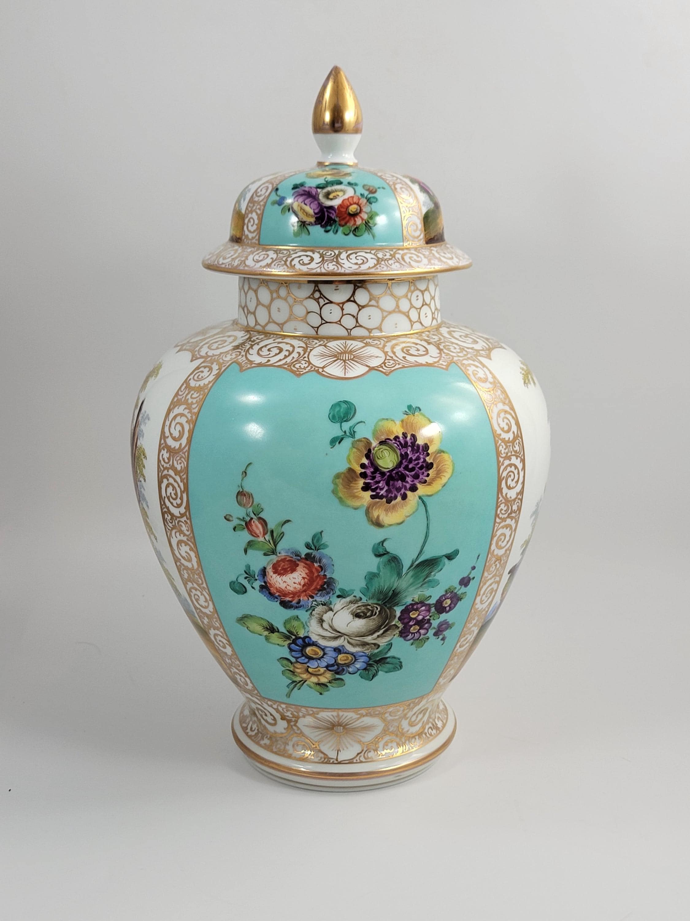 Large Helena Wolfsohn Dresden Vase with Lid, Watteau Scenes & Turquoise, c.1880
