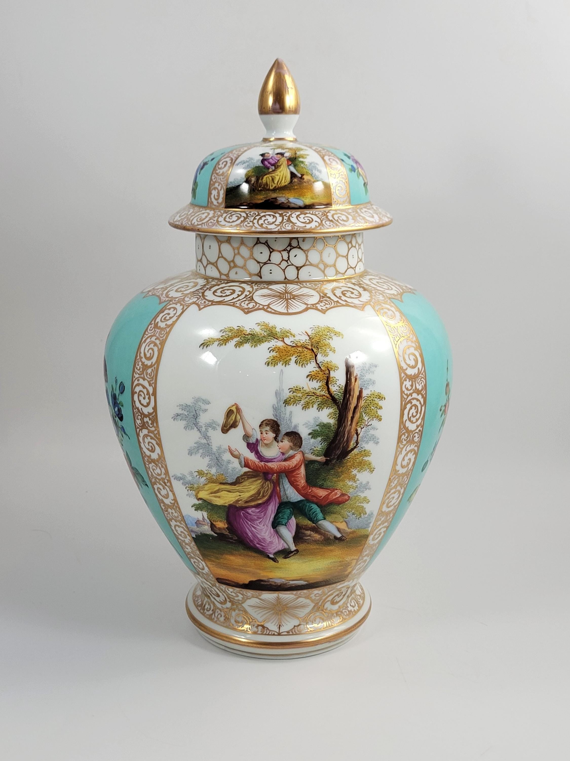 Large Helena Wolfsohn Dresden Vase with Lid, Watteau Scenes & Turquoise, c.1880