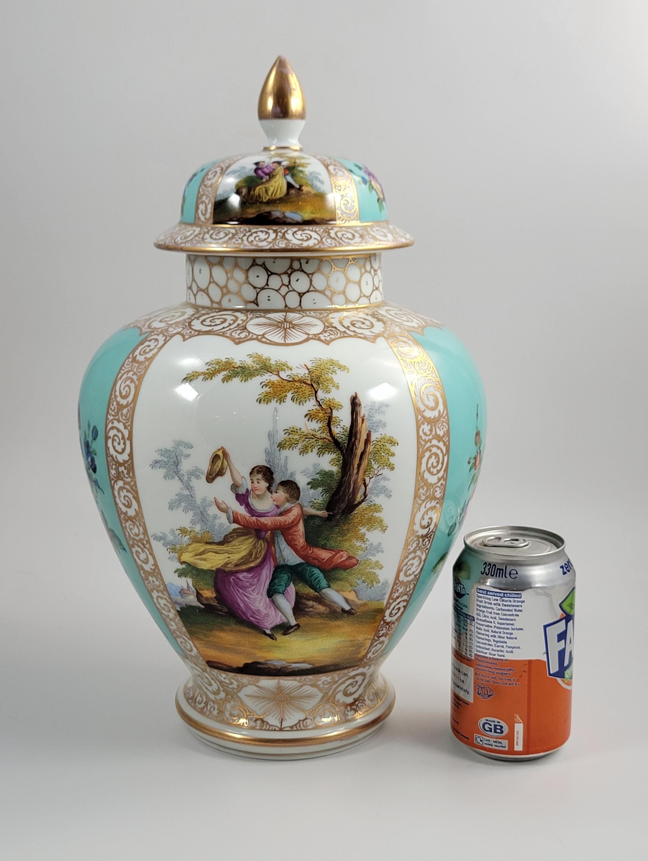 Large Helena Wolfsohn Dresden Vase with Lid, Watteau Scenes & Turquoise, c.1880