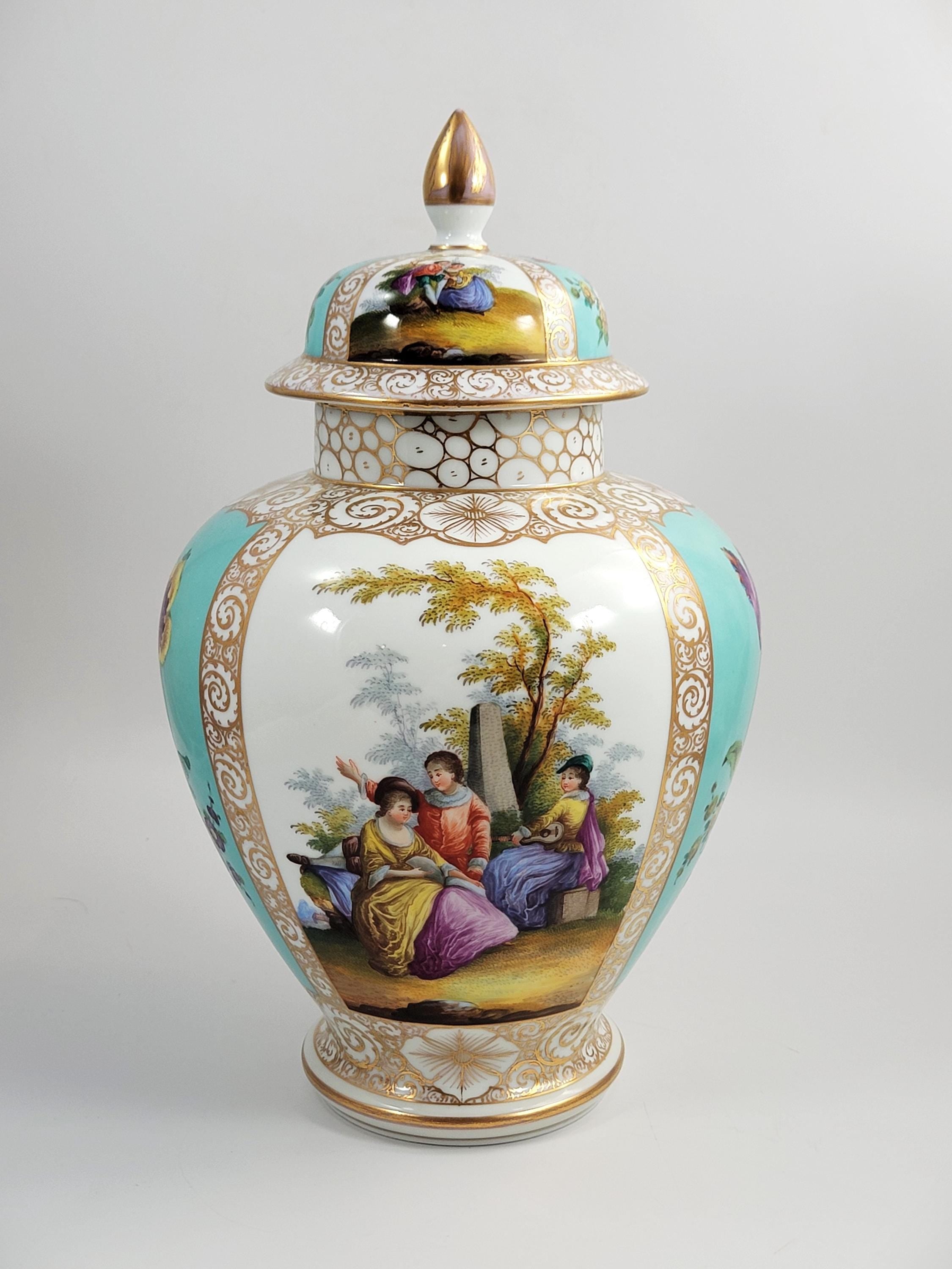 Large Helena Wolfsohn Dresden Vase with Lid, Watteau Scenes & Turquoise, c.1880
