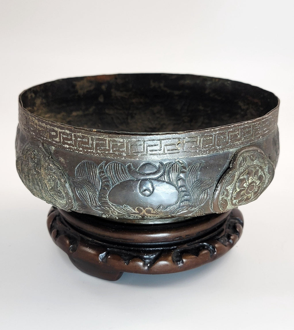 Japanese Edo Bronze Archaic Bowl, Riveted Cartouches, c.1700-1750