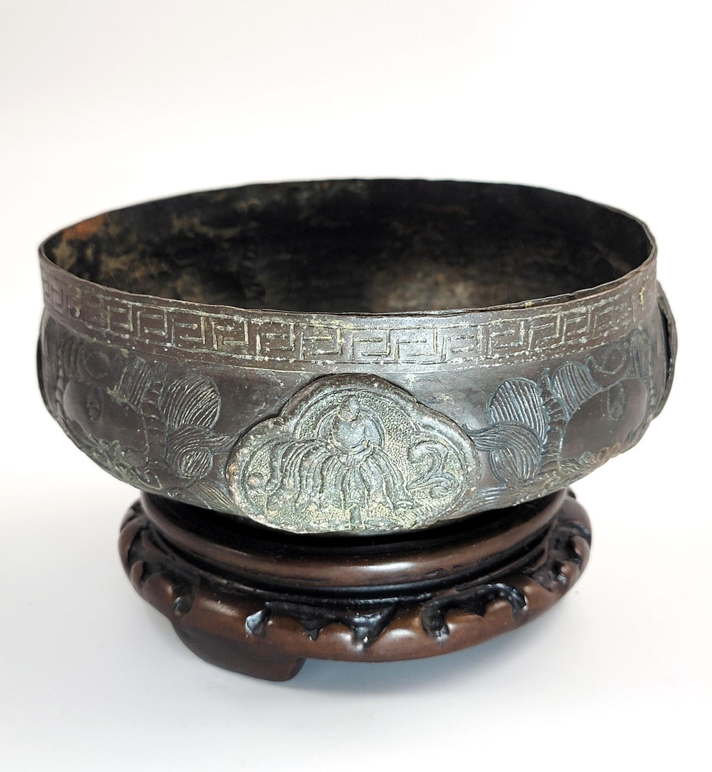 Japanese Edo Bronze Archaic Bowl, Riveted Cartouches, c.1700-1750