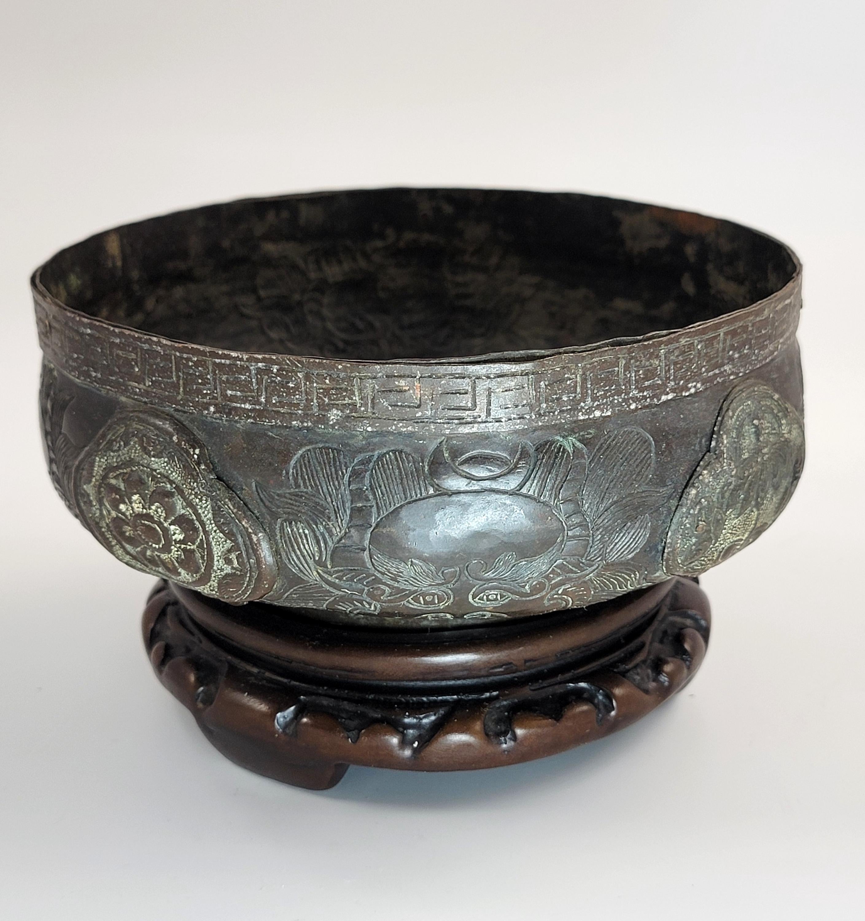 Japanese Edo Bronze Archaic Bowl, Riveted Cartouches, c.1700-1750